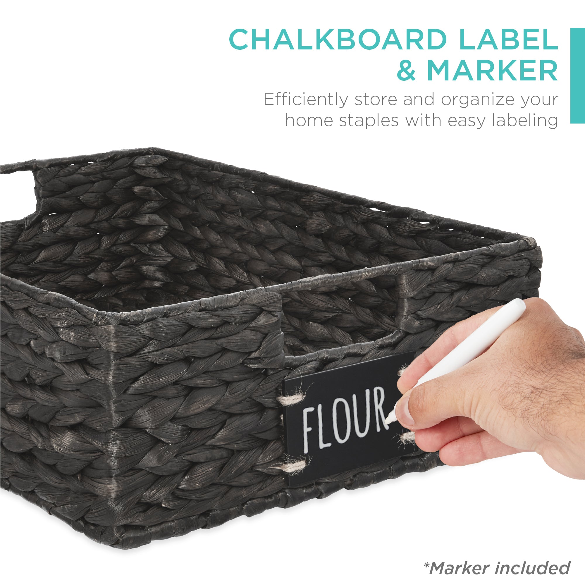 Set of 4 Water Hyacinth Pantry Baskets w/ Chalkboard, Chalk Marker