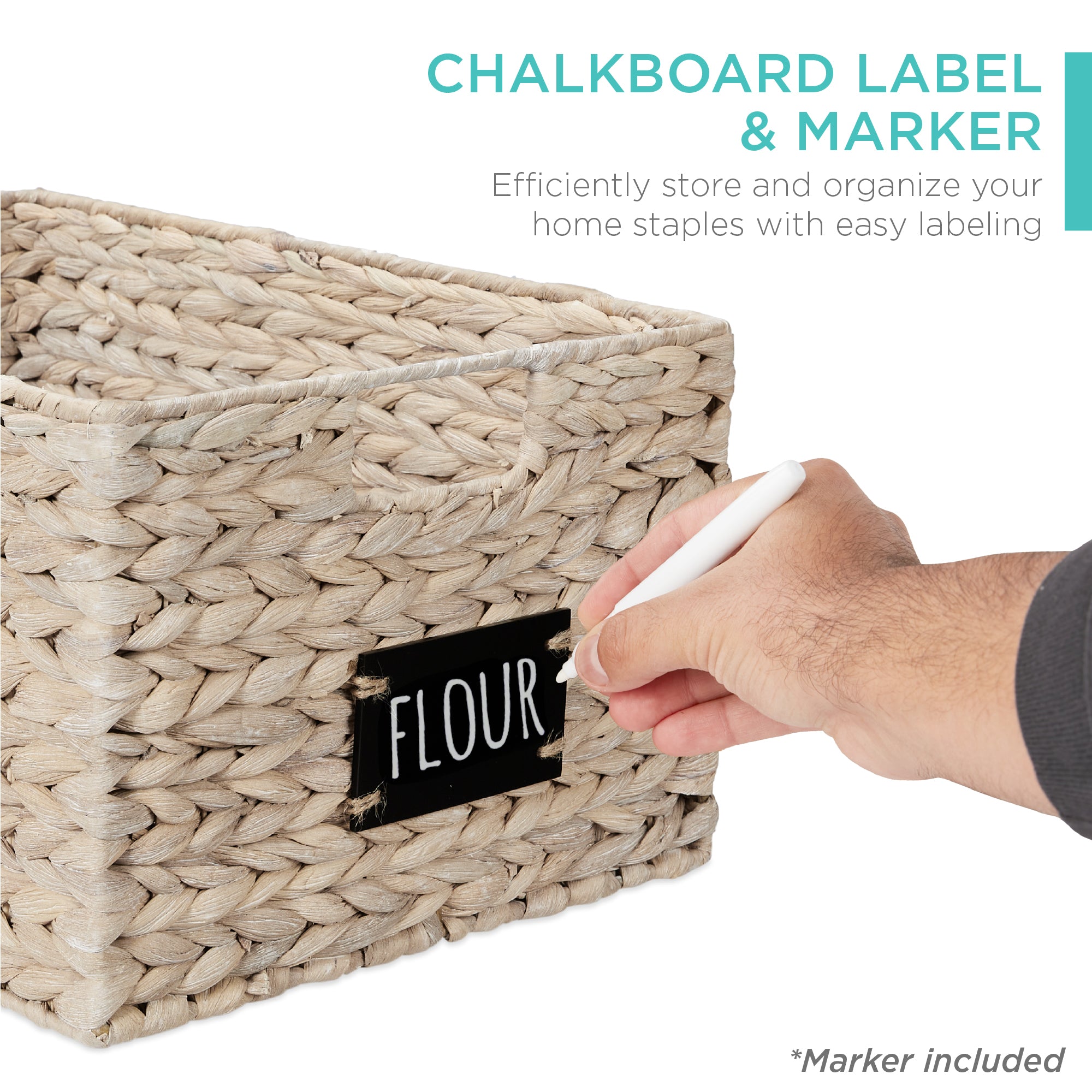 Set of 2 Water Hyacinth Pantry Baskets w/ Chalkboard, Marker - 16in