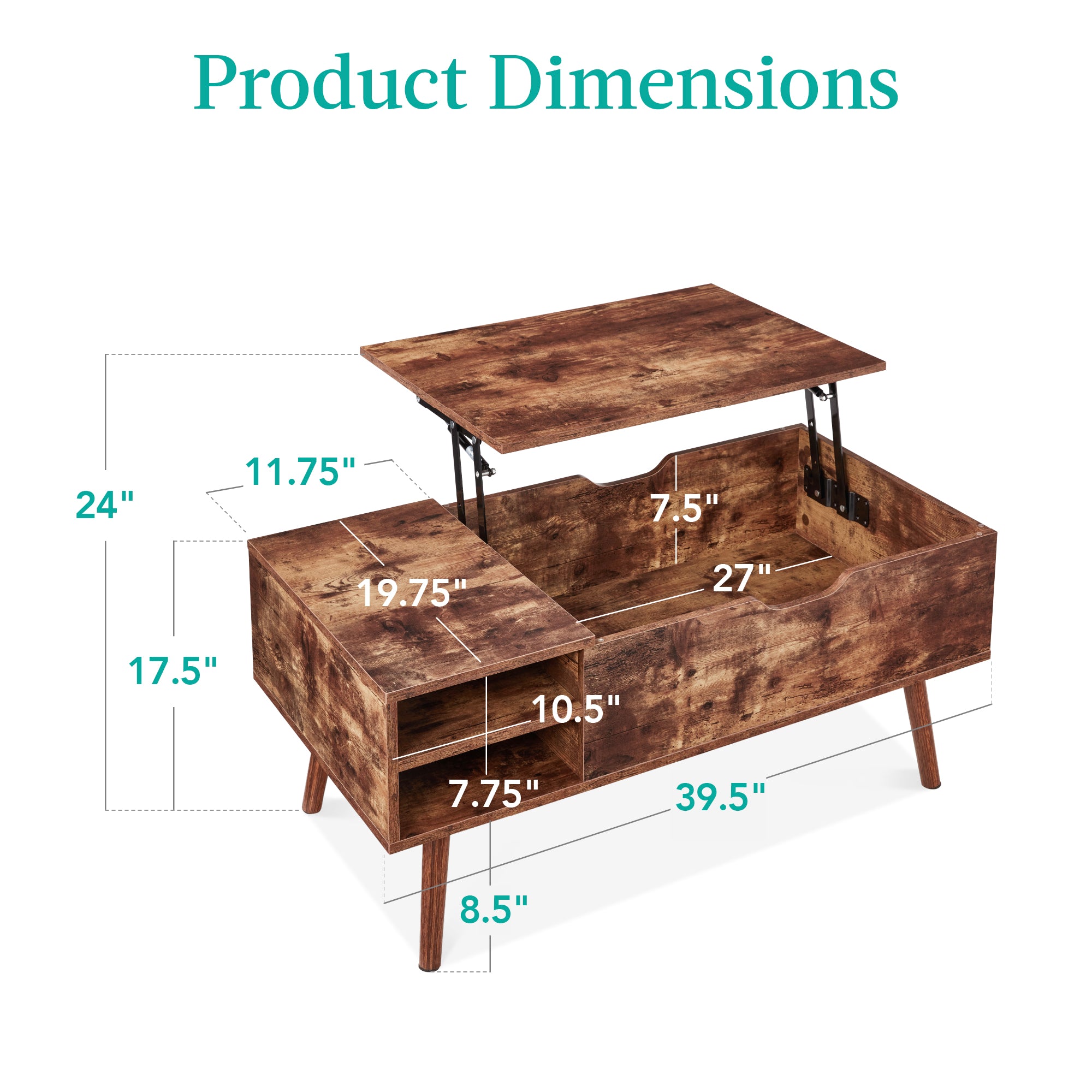 Wooden Mid-Century Modern Lift Top Coffee Table with Removable Shelf - Thumbnail 5
