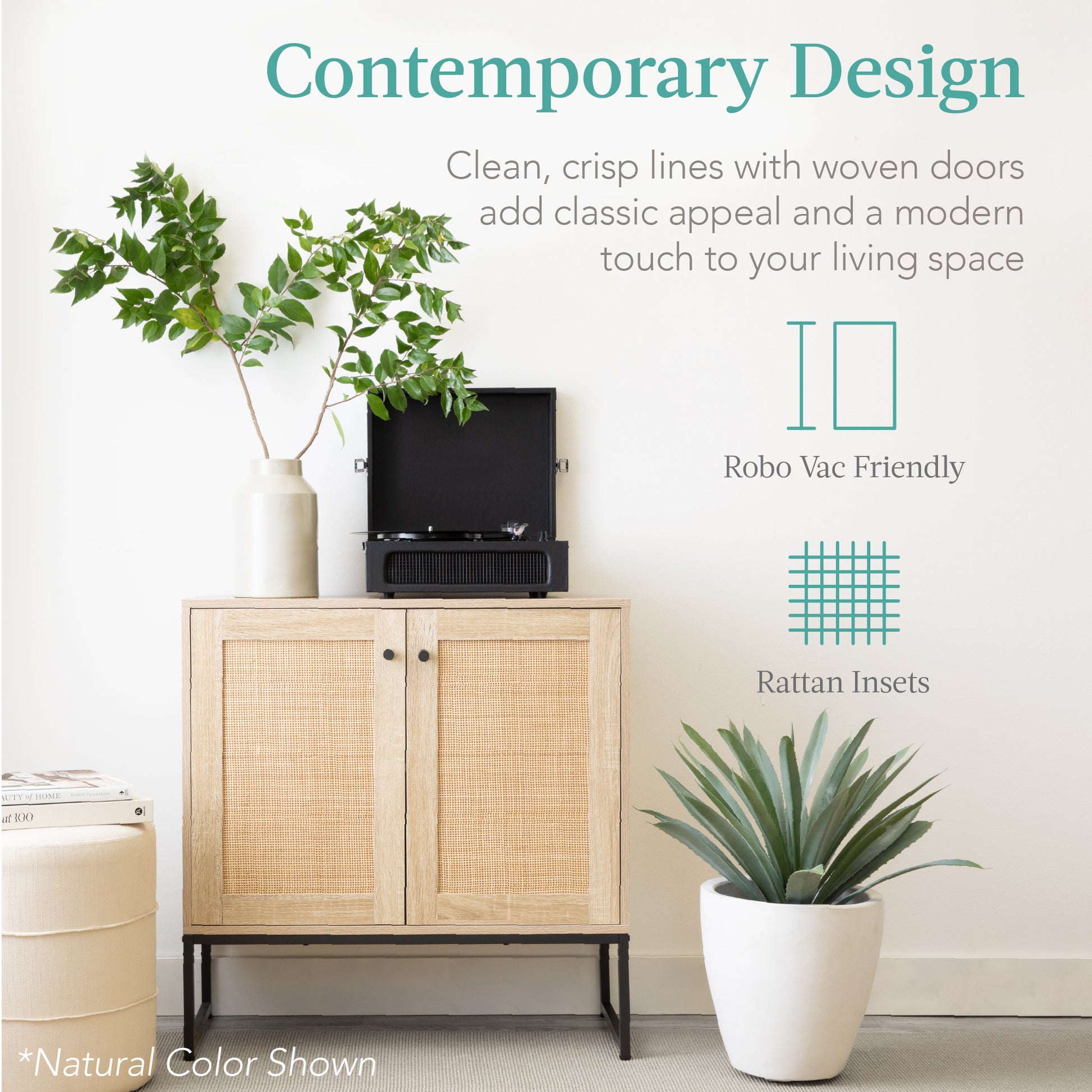 2-Door Rattan Storage Cabinet Accent Furniture for Living Room w/ Foot Pads