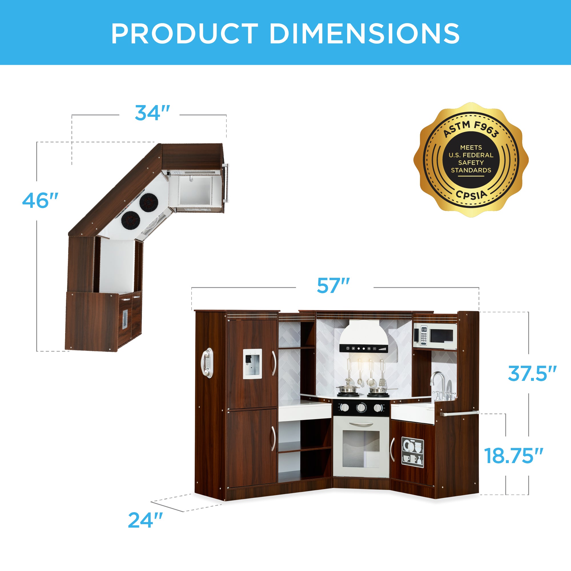 Pretend Play Corner Kitchen Wooden Toy Set for Kids w/ Lights, Sounds