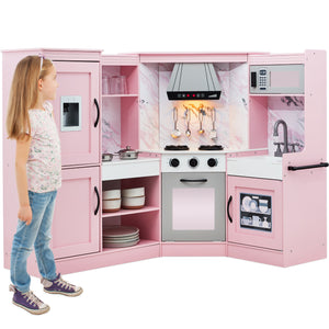 Pretend Play Corner Kitchen Wooden Toy Set for Kids w/ 6 Accessories