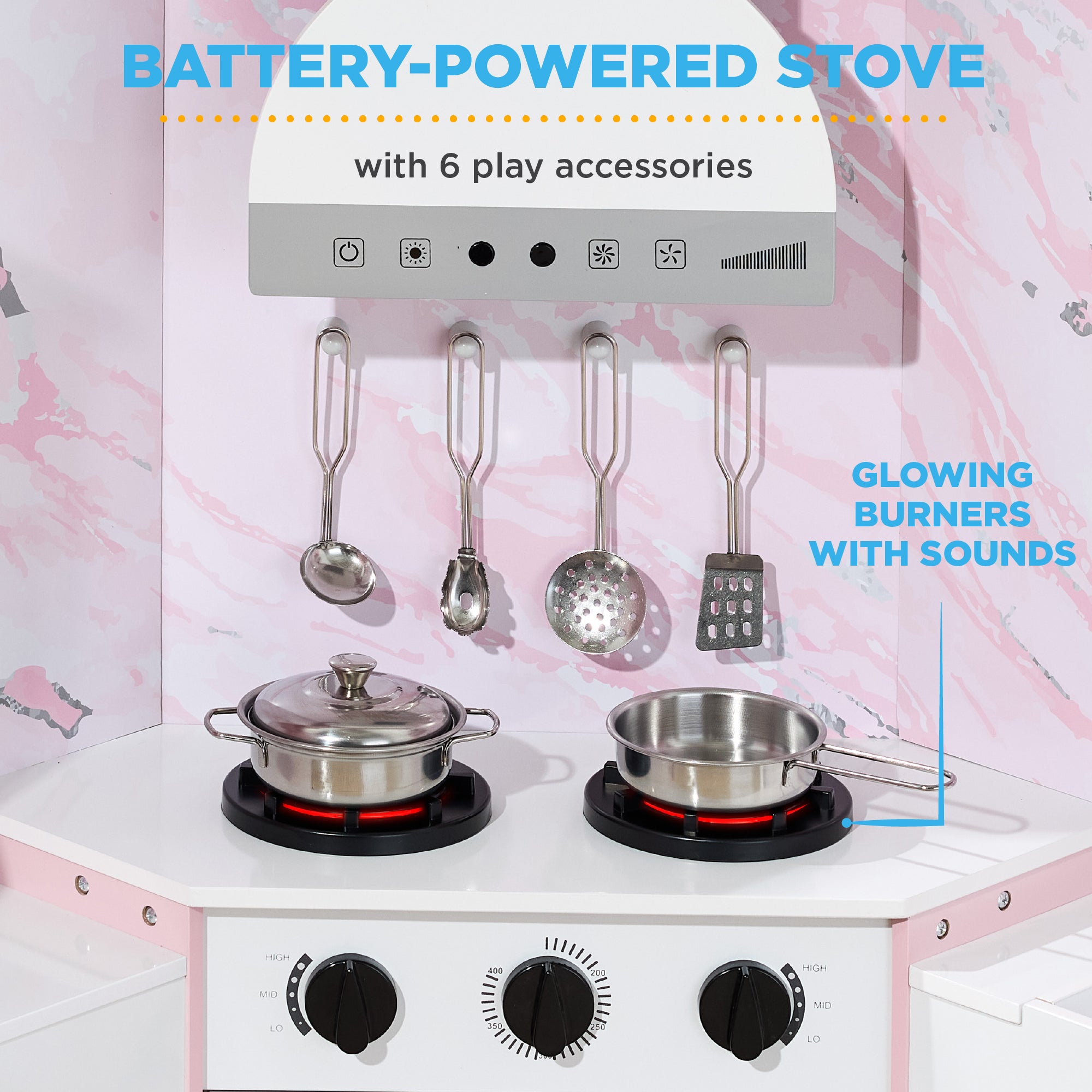 Pretend Play Corner Kitchen Wooden Toy Set for Kids w/ Lights, Sounds