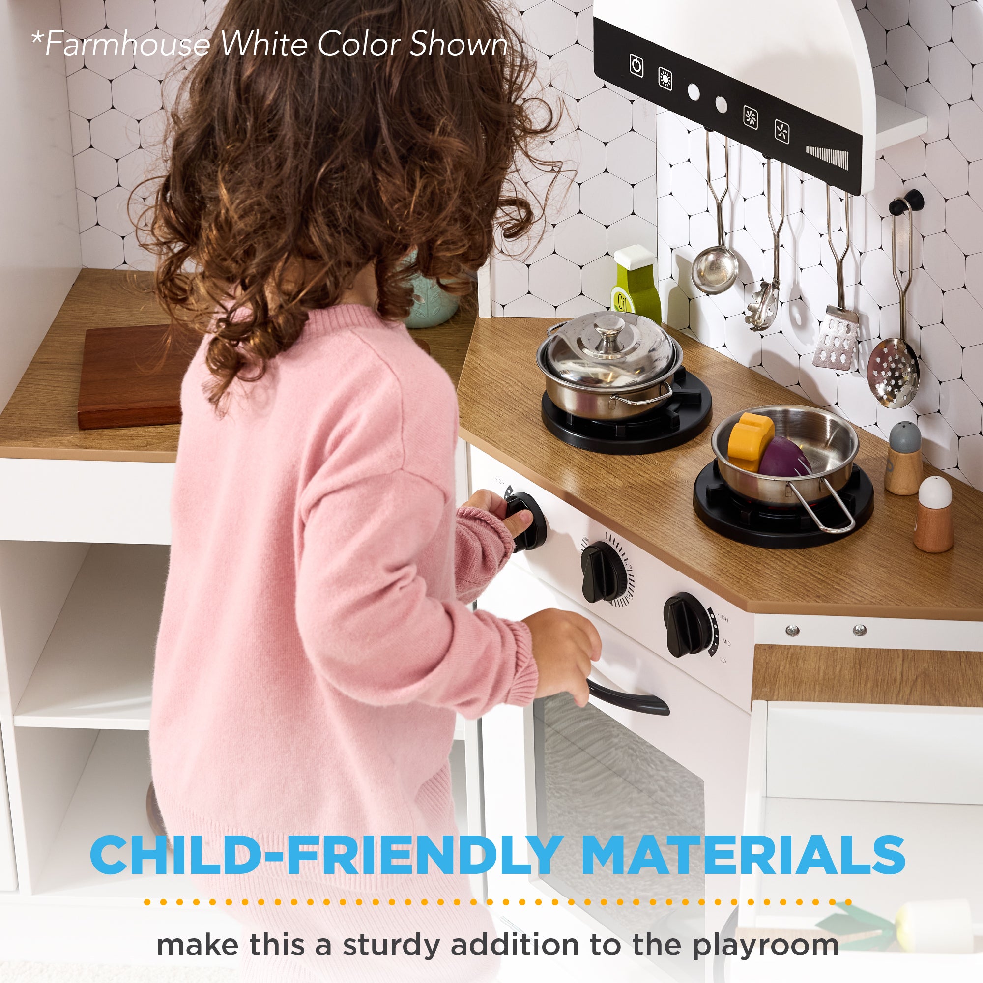 Pretend Play Corner Kitchen Wooden Toy Set for Kids w/ Lights