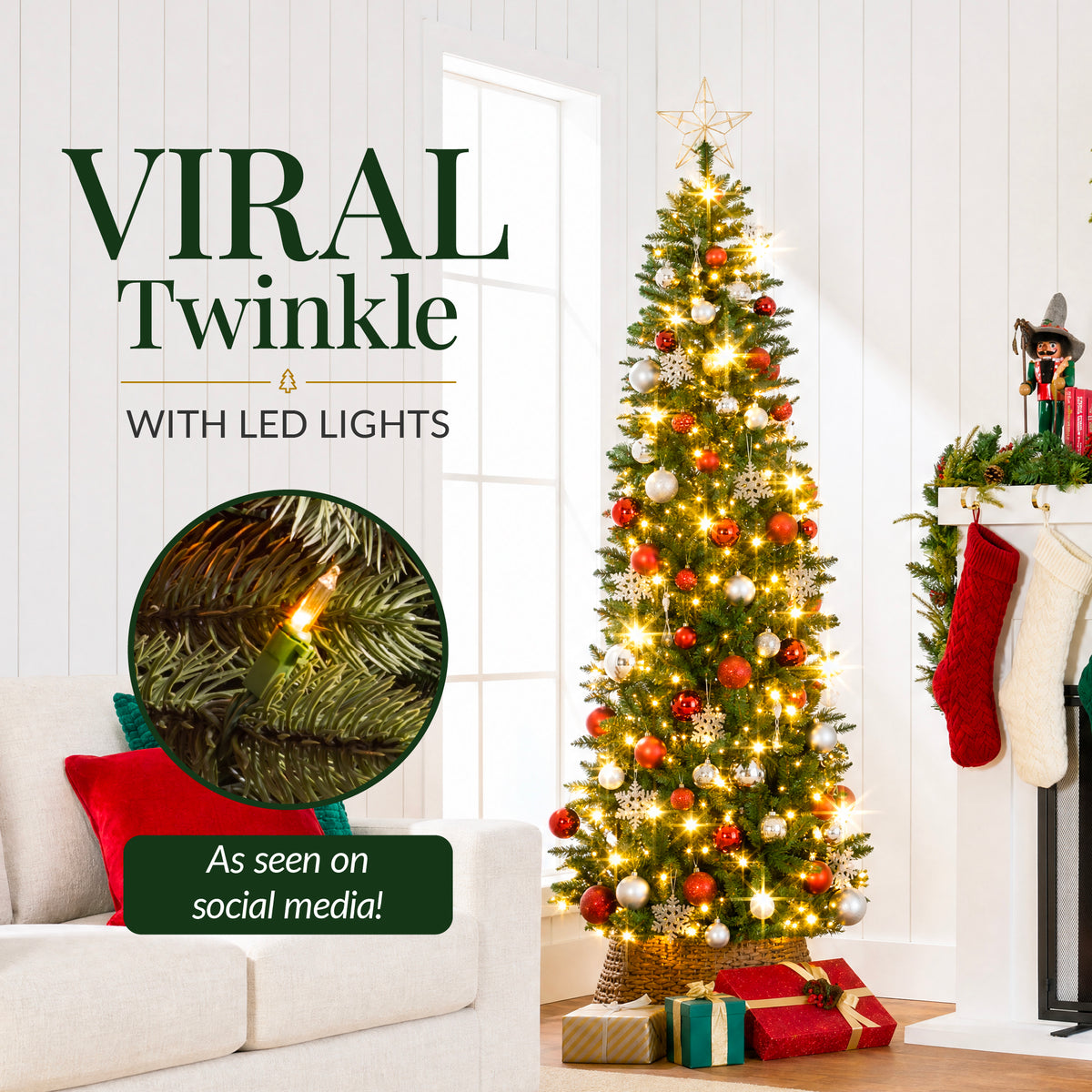 Artificial Pencil Christmas Tree with Viral Twinkling Lights, PreLit Spruce