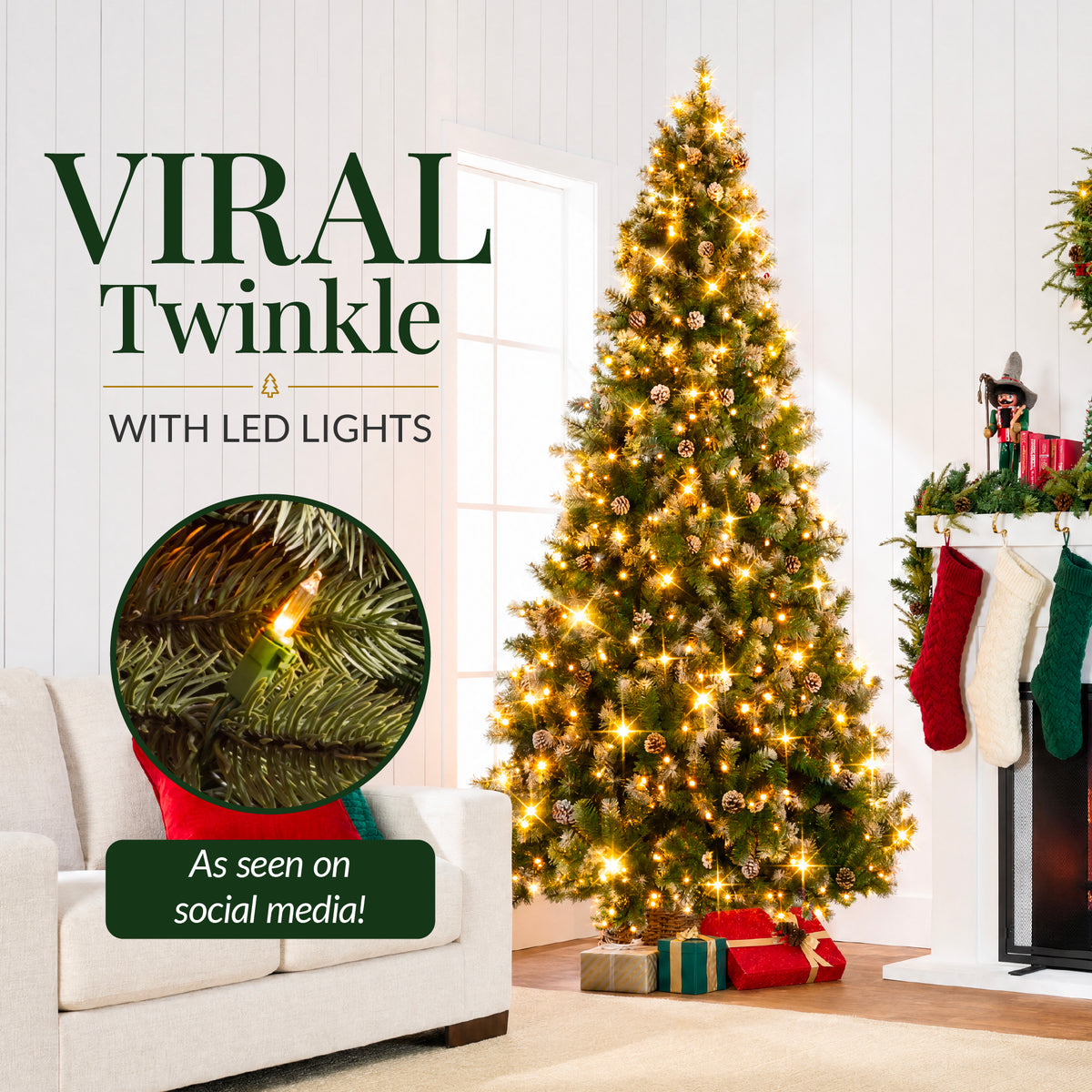Artificial Christmas Tree with Viral Twinkling Lights, PreLit Frosted Pine