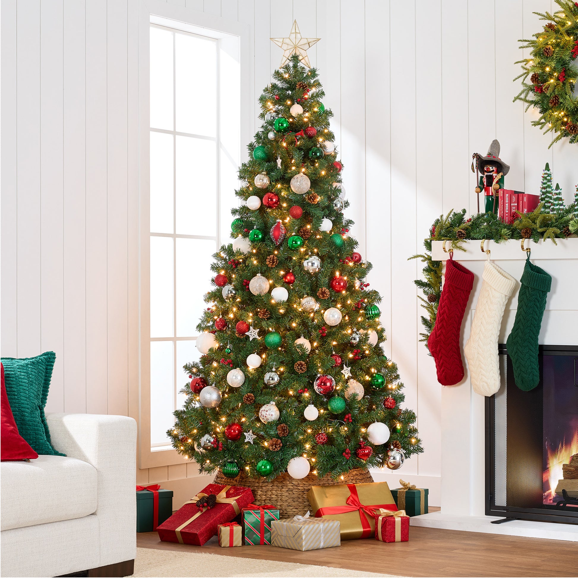 pre dressed christmas trees 7ft. Pre-Lit Flocked Slim Artificial Christmas Tree