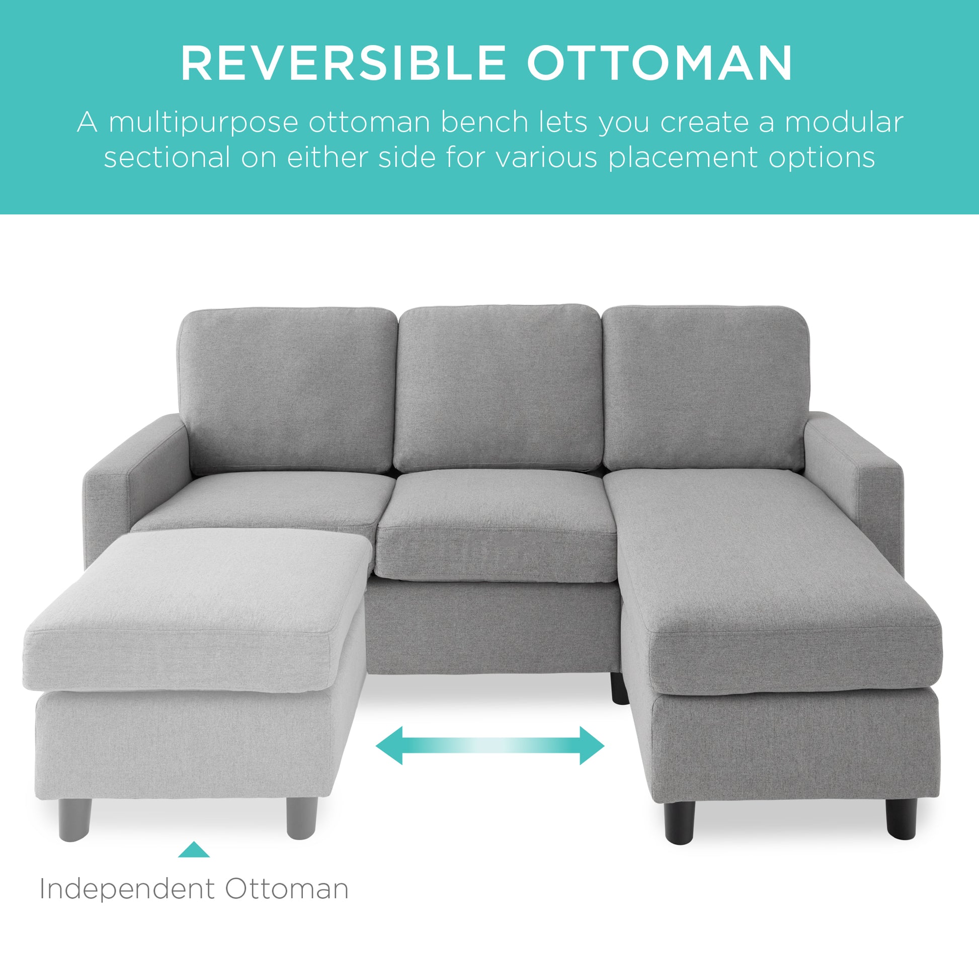 Upholstered Sectional Sofa Couch w/ Chaise Lounge, Reversible Ottoman Bench