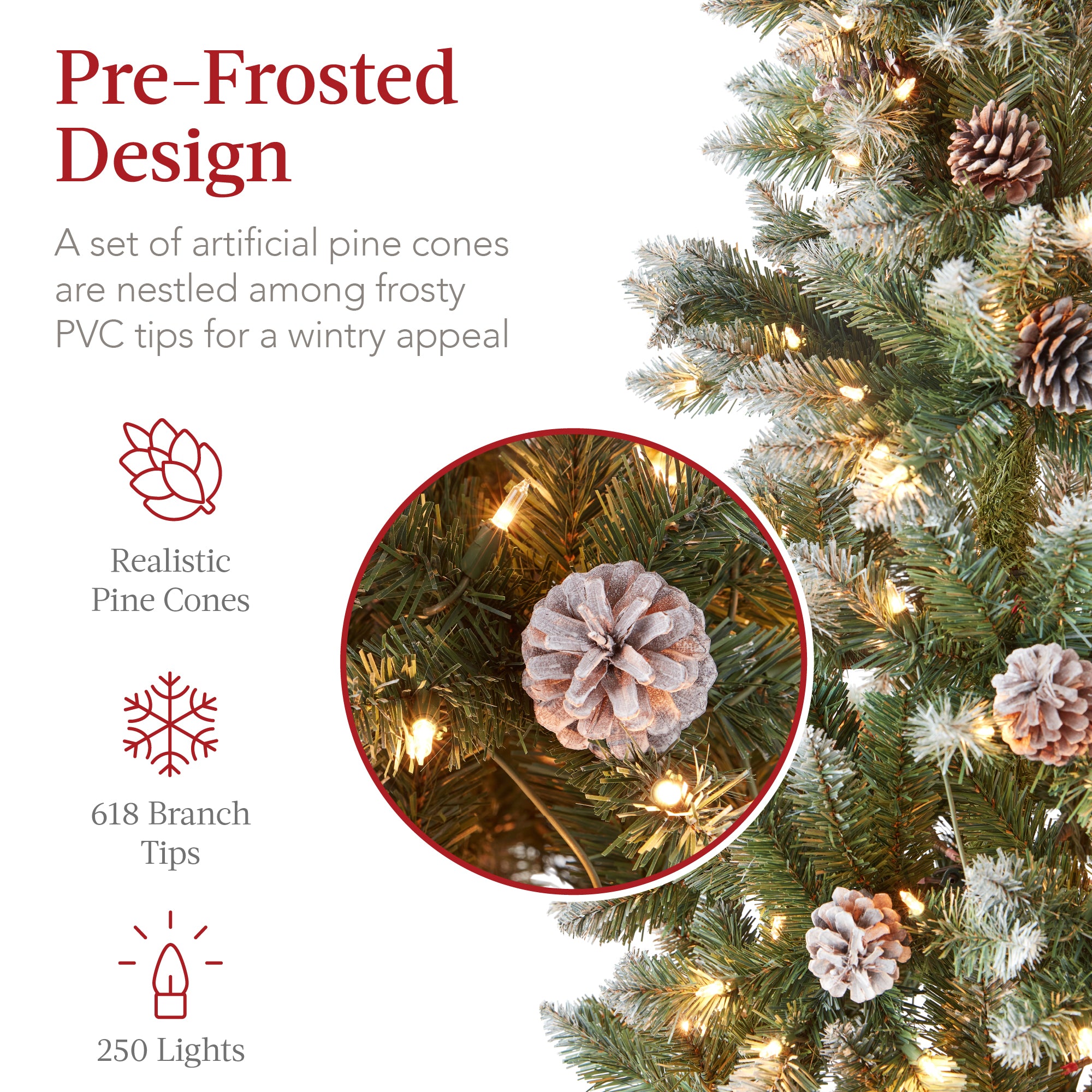 Pre-Lit Partially Flocked Pencil Christmas Tree w/ Pine Cones