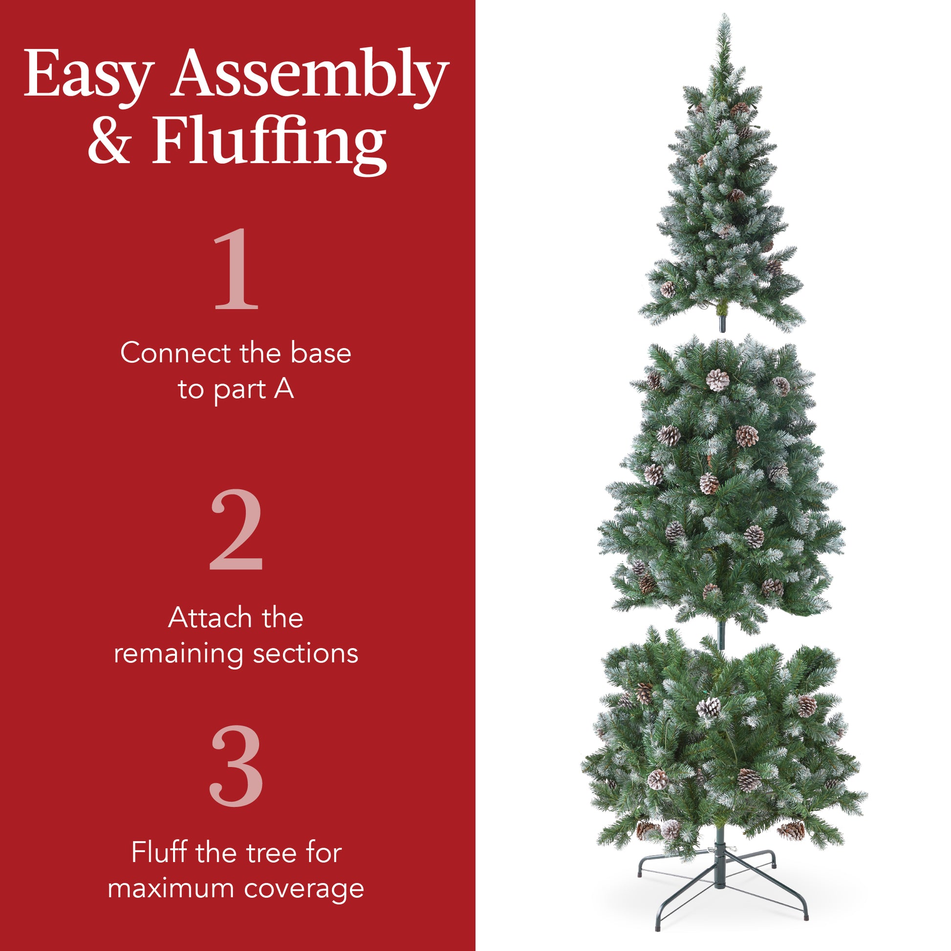 Pre-Lit Partially Flocked Pencil Christmas Tree w/ Pine Cones, Metal Stand