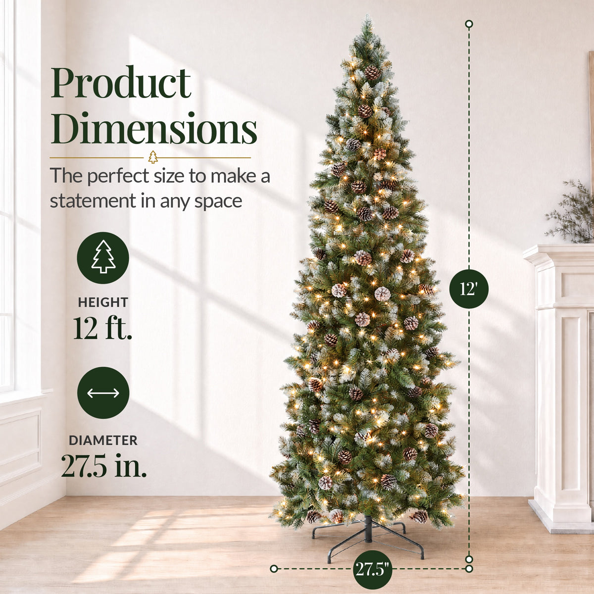 Artificial Pencil Christmas Tree w/ Twinkling Lights, Pre-Lit Frosted Pine