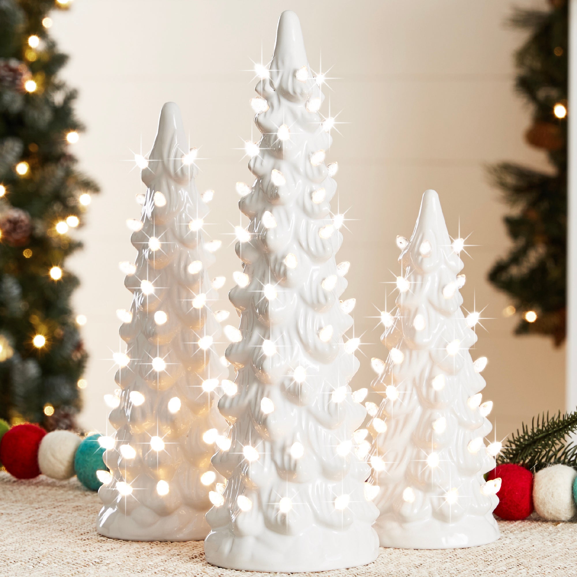 Set of 3 Pre-Lit Ceramic Tabletop Christmas Trees – Best Choice Products