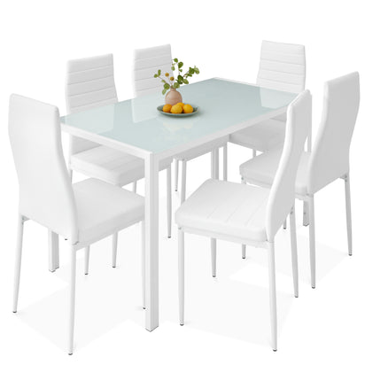 Best Choice Products 7-Piece Kitchen Dining Table Set w/ Glass Tabletop, 6 Faux Leather Chairs - White