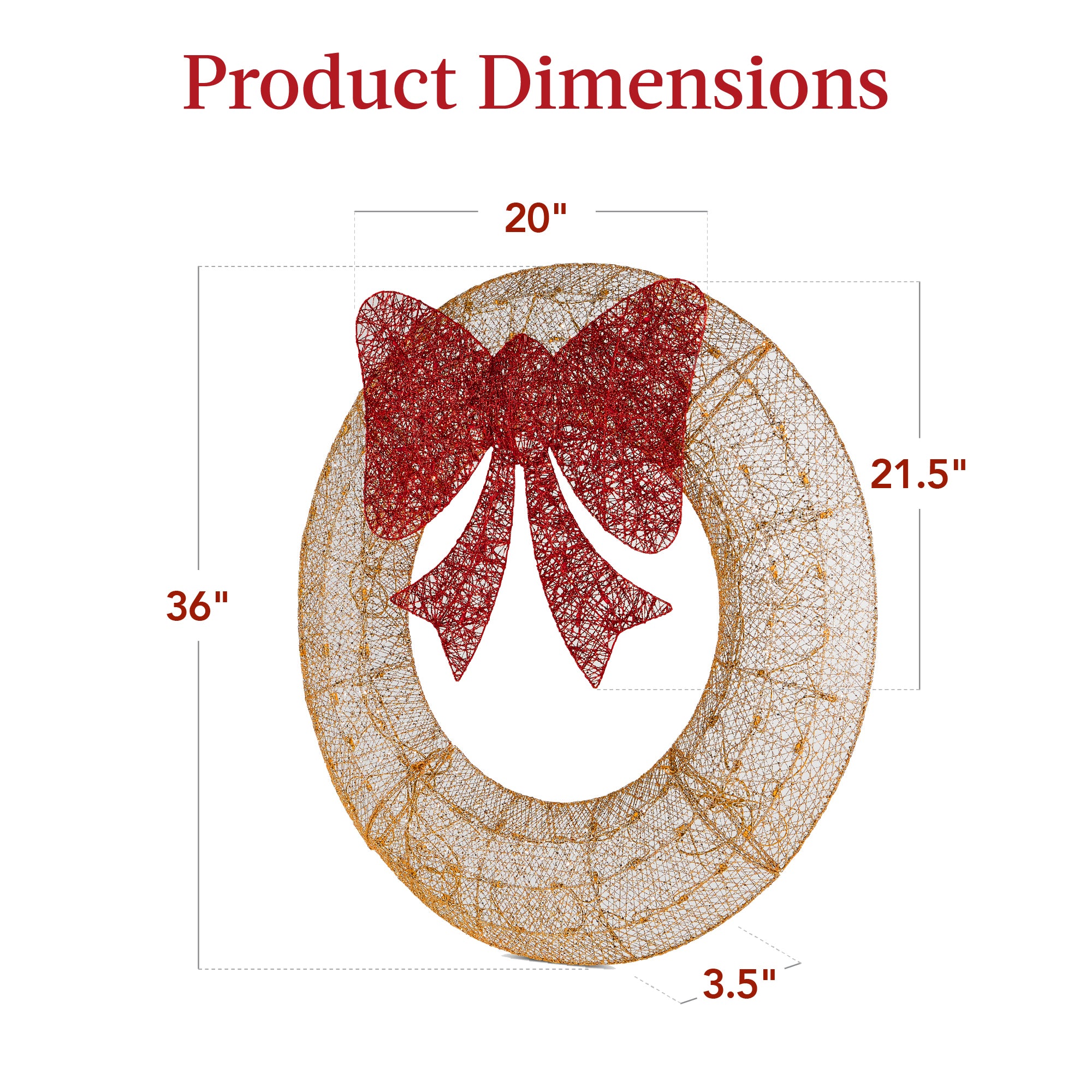 Pre-Lit Outdoor Christmas Wreath, LED Metal Holiday Decor w/ Bow - 36in