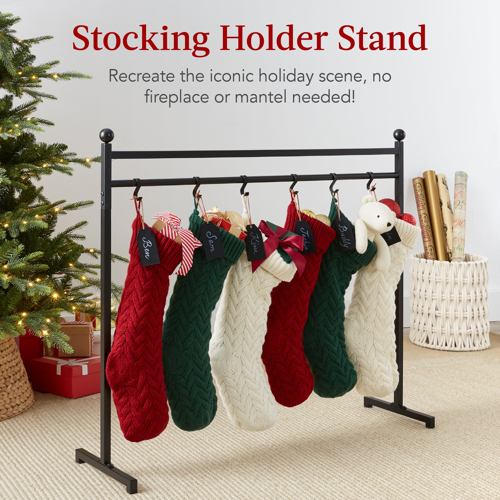 Christmas Stocking Stand, Decor Display w/ Name Tags, Chalk Marker- 3ft