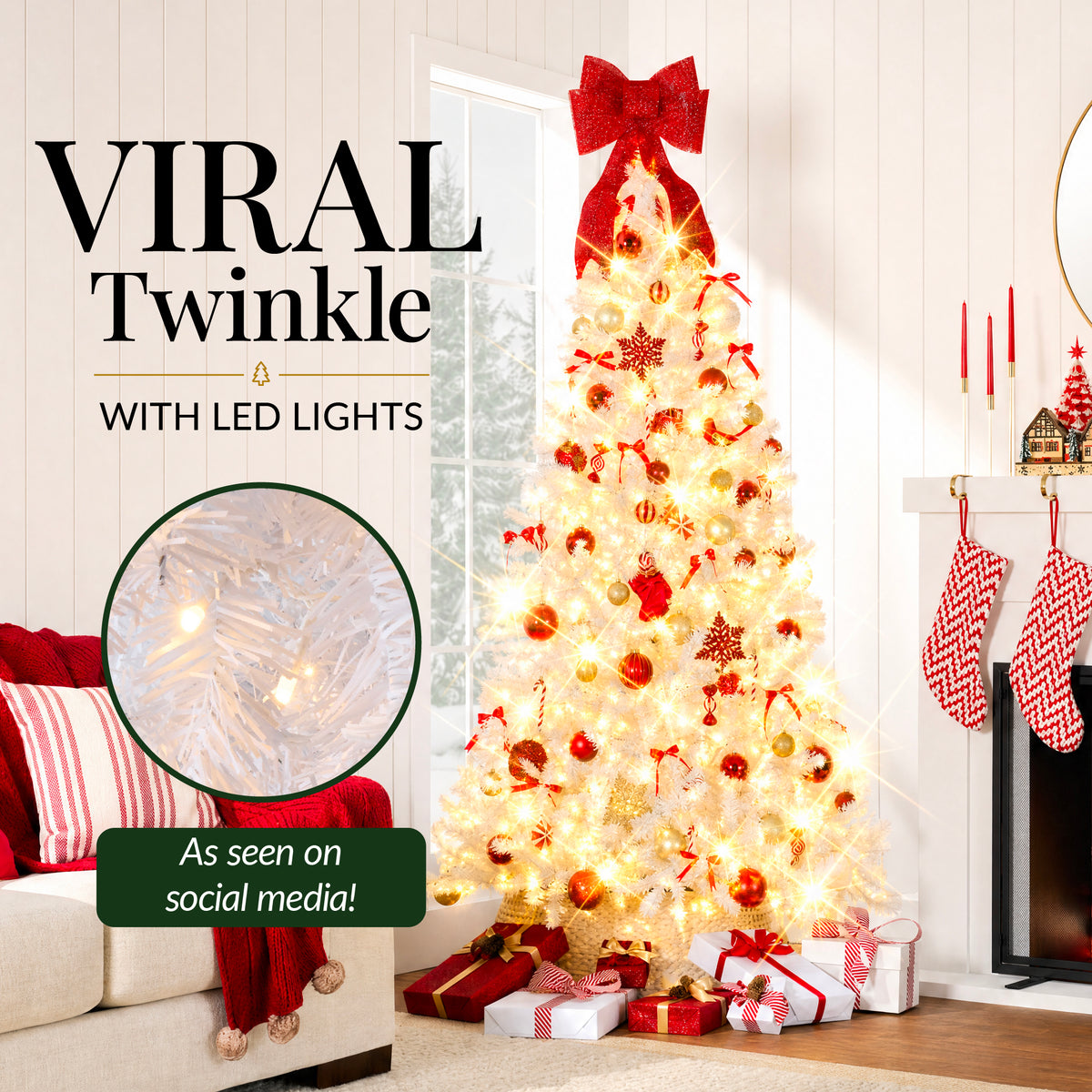 White Artificial Christmas Tree with Viral Twinkling Lights, Pre-Lit Pine
