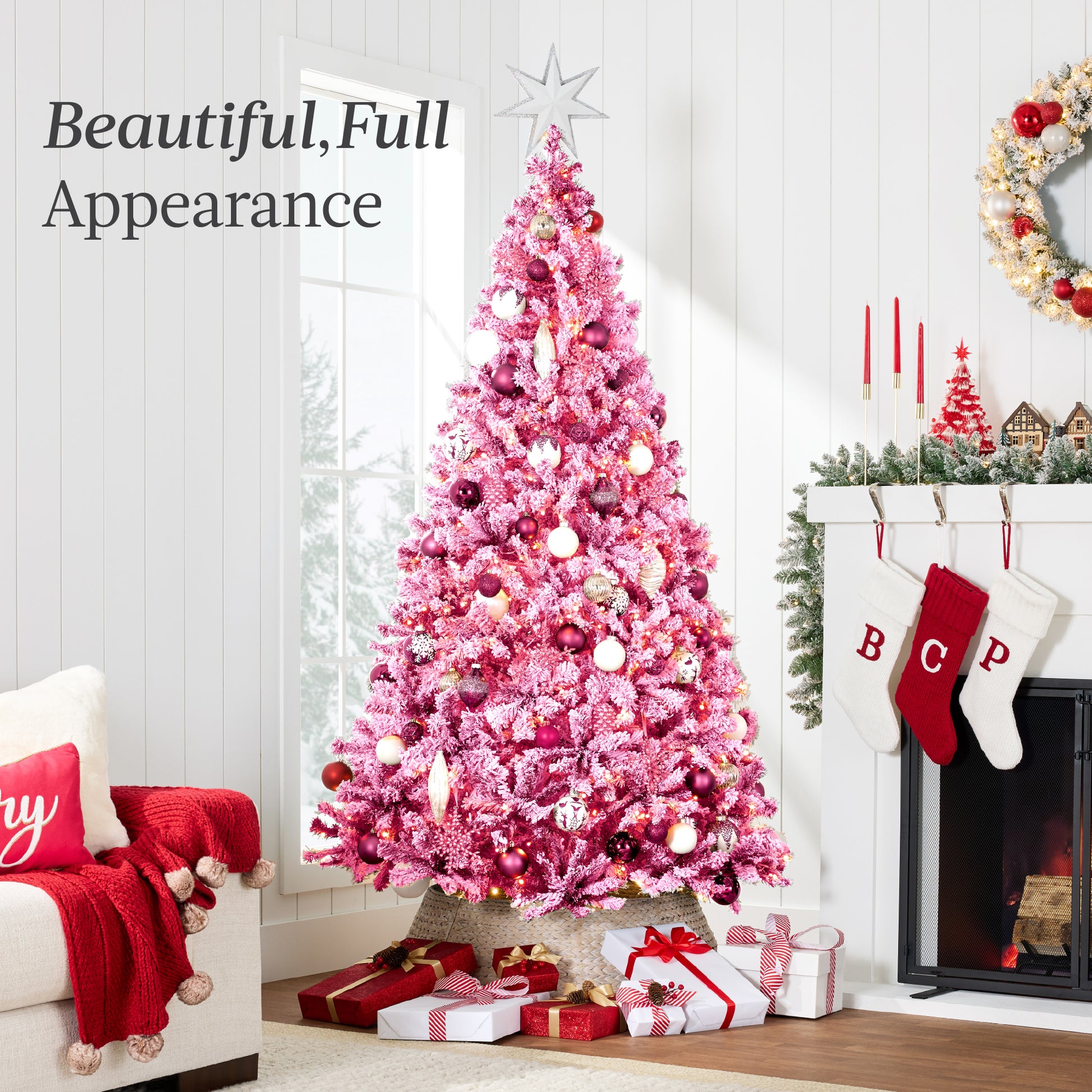 Best Choice Products 6ft Prelit Pink Artificial Christmas Tree, Snow Flocked Full Holiday Decoration w/ Foldable Base