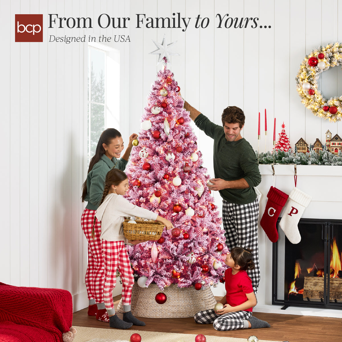 Prelit Pink Christmas Tree, Snow Flocked Full Holiday Decor w/ Metal Base
