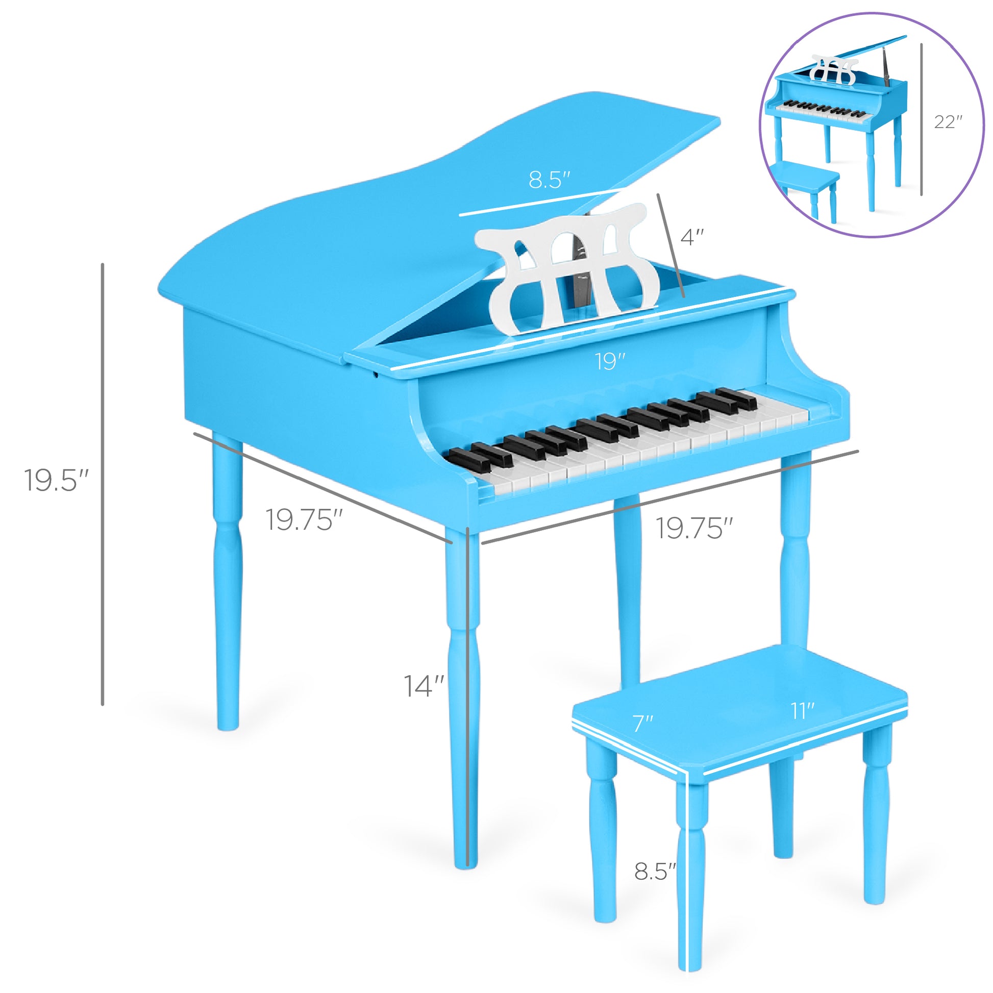 Kids Mini Wooden Grand Piano w/ Lid, Bench, Music Rack, Song Book, Stickers