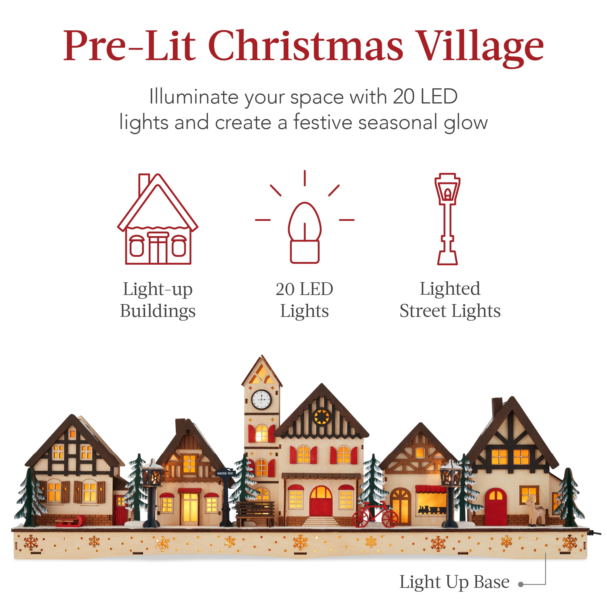 Pre-Lit Wooden Christmas Village, Winter Mantel Decor w/ 20 LED