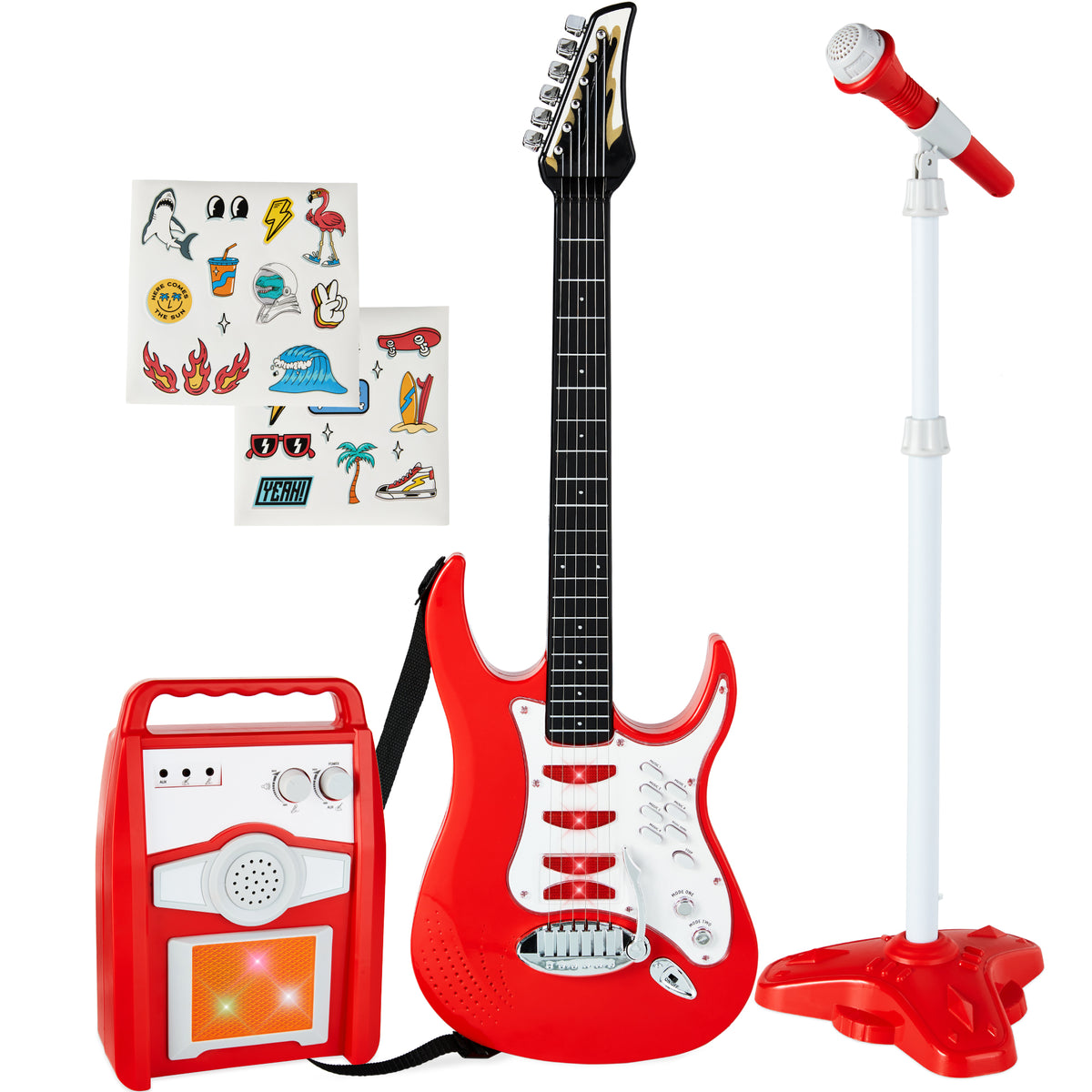 Ensemble guitare électrique et microphone pour enfants, jouets de guitare avec musique et lumière colorée, Microphone à hauteur réglable avec support 18 Ensemble guitare électrique et microphone pour enfants, jouets de guitare avec musique et lumière colorée, Microphone à hauteur réglable avec support 18