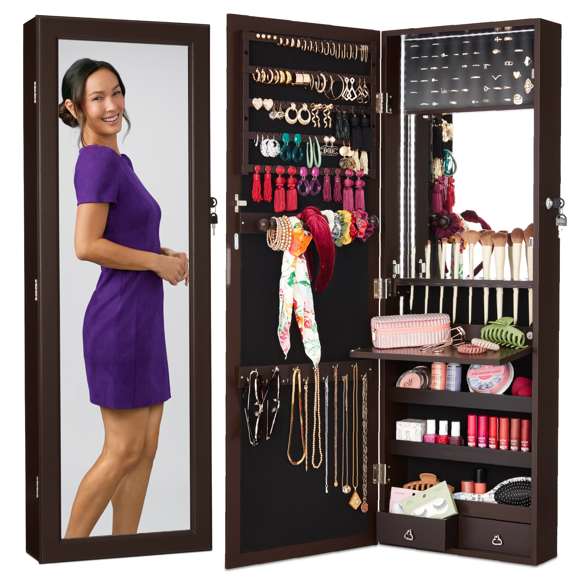Lighted Wall Mount Locking Jewelry Armoire Cherry Jewelry Armoires In