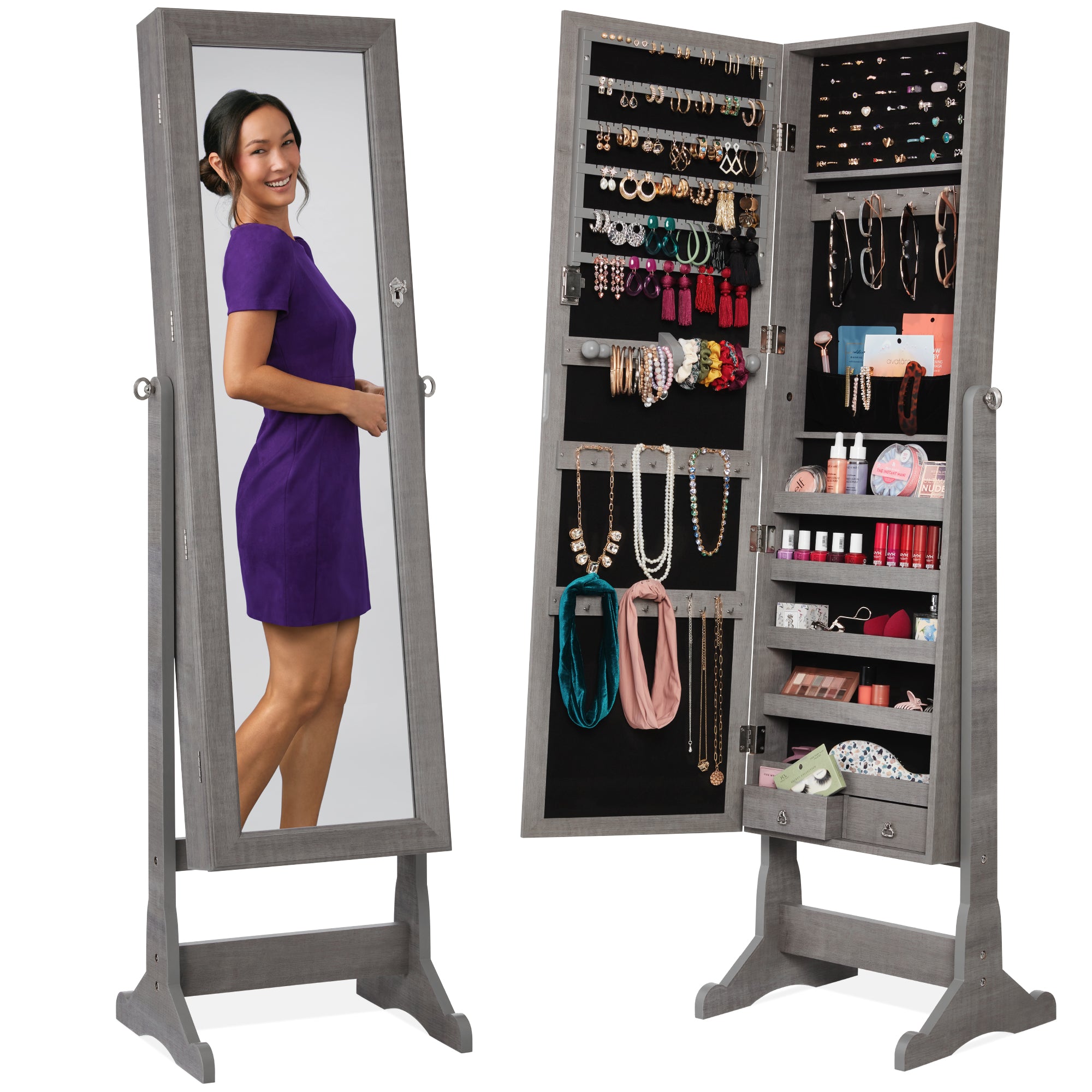 best choice Full Length Freestanding Jewelry Mirror Armoire w/ Velvet Interior