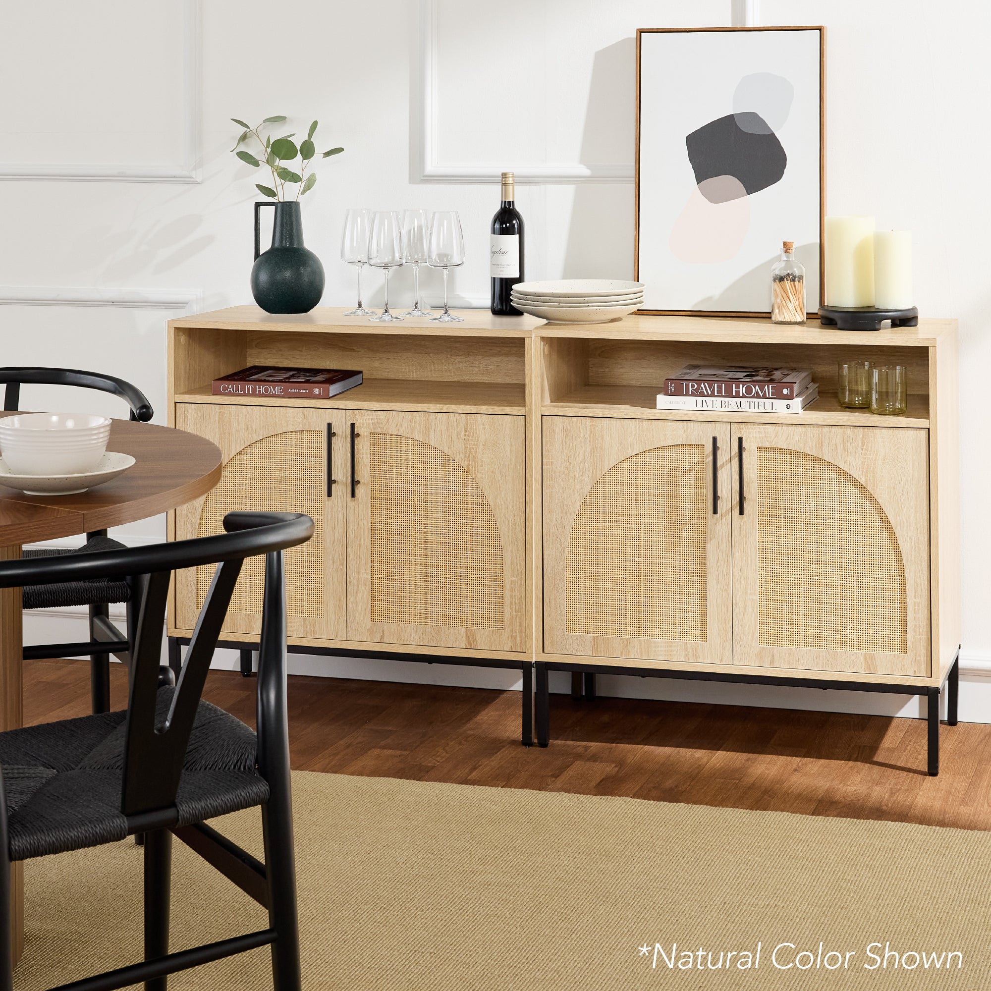 2-Door Rattan Cabinet, Buffet, w/ Cord Cutout & Storage Shelf
