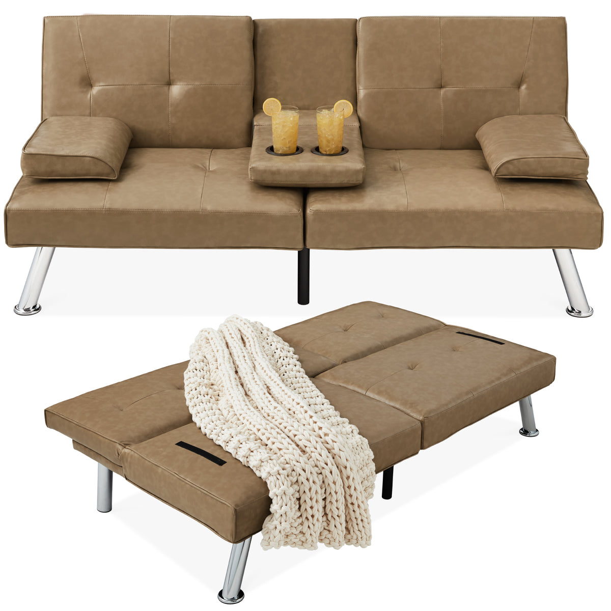 Faux Leather Upholstered Convertible Sofa Bed Futon w/ 2 Cupholders – Best Choice Products