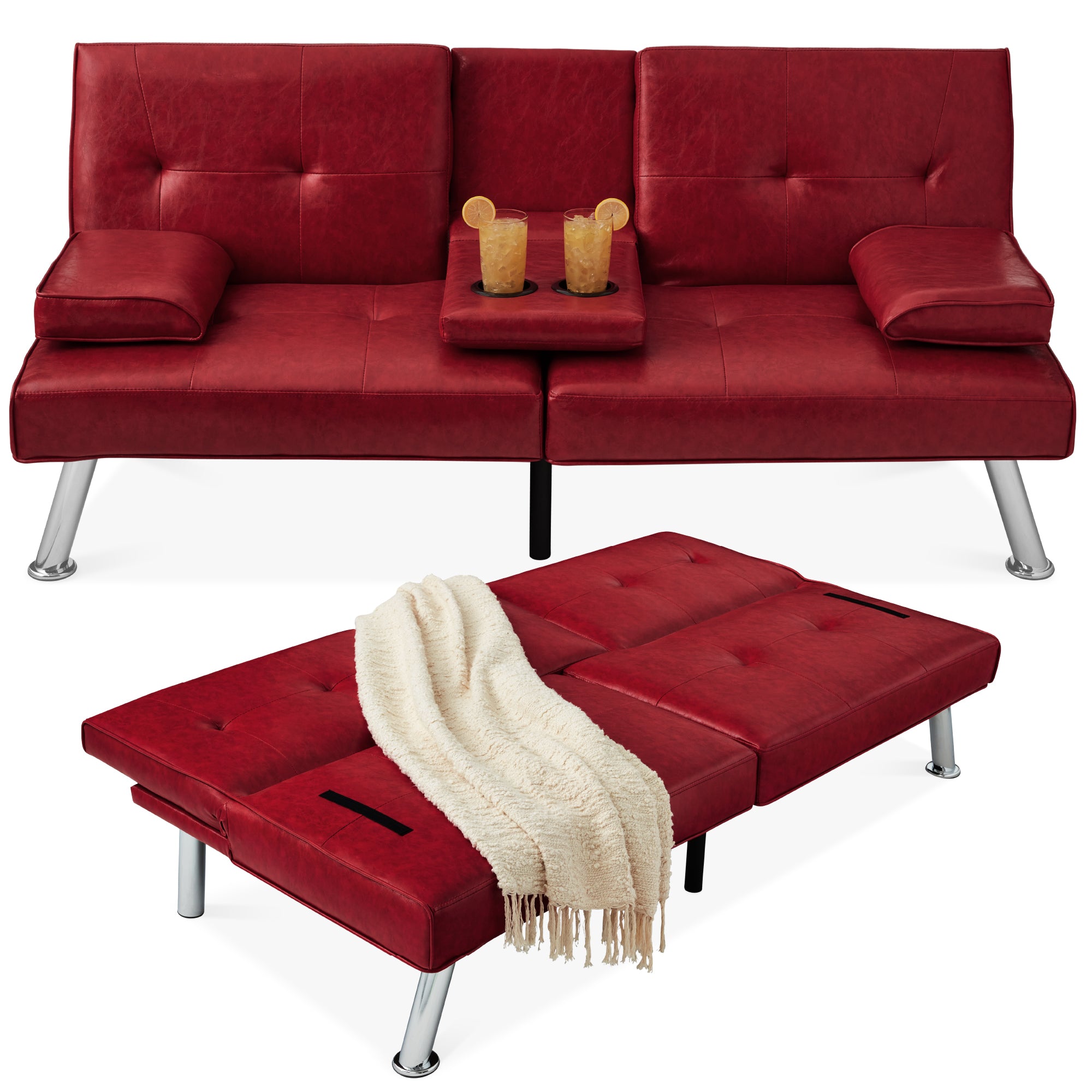 Faux Leather Upholstered Convertible Sofa Bed Futon w/ 2