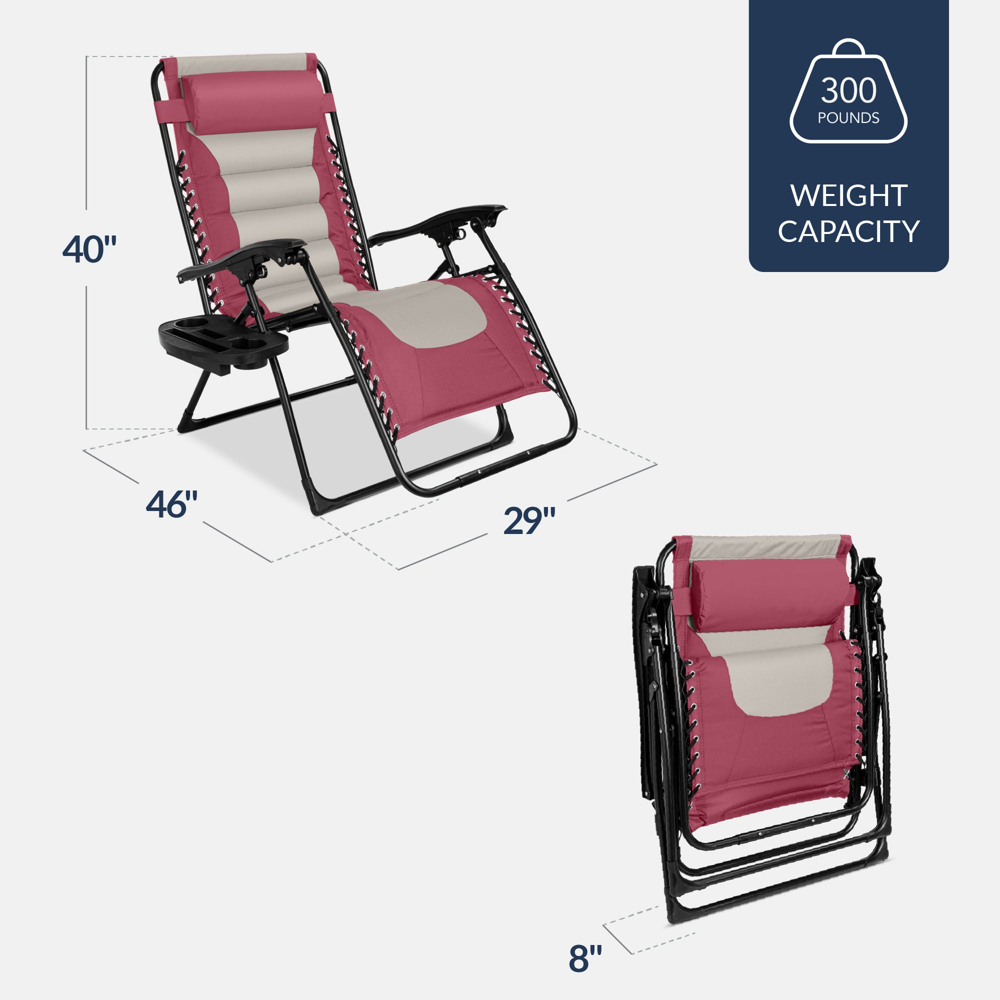Oversized Padded Zero Gravity Chair, Folding Recliner w/ Headrest, Side Tray