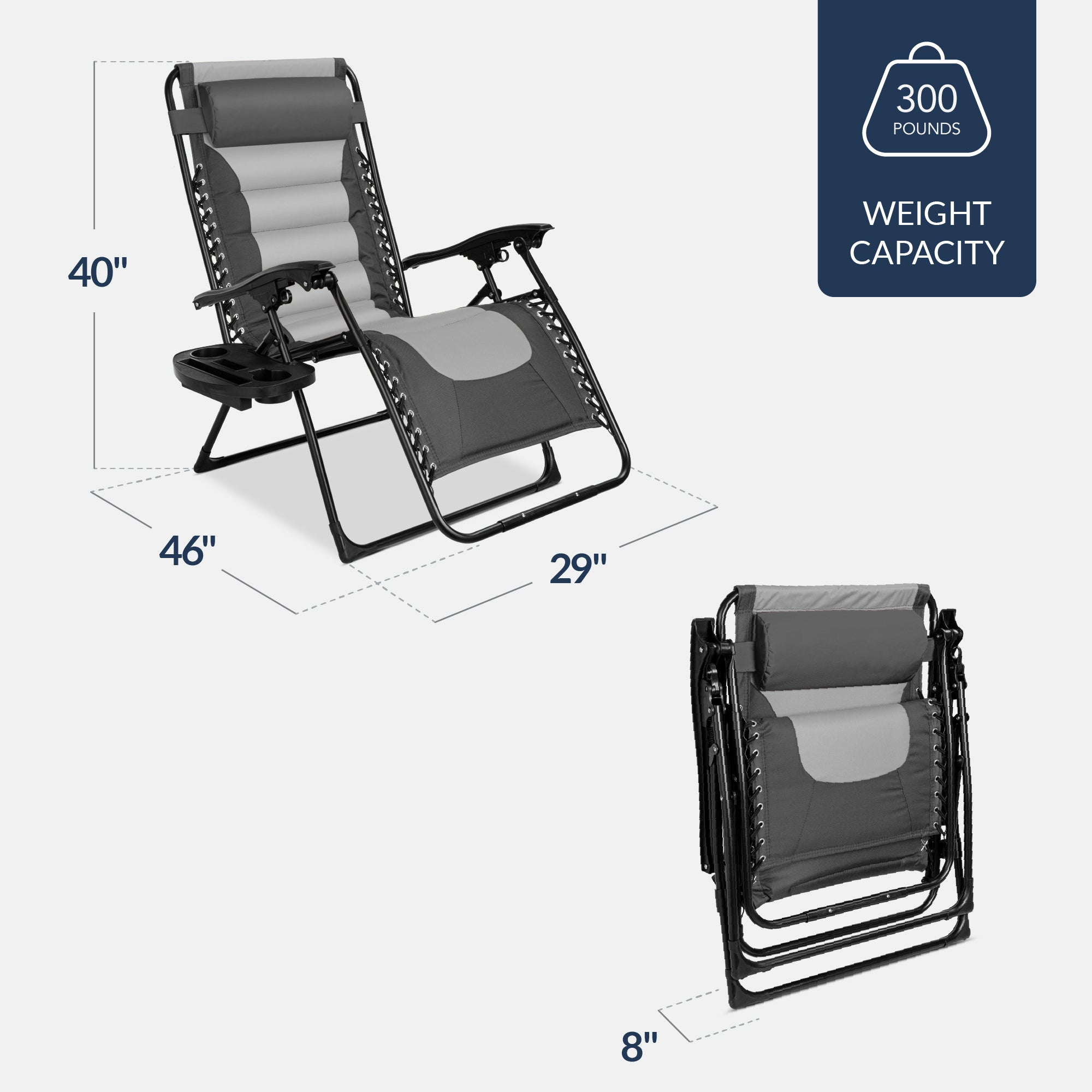 Oversized Padded Zero Gravity Chair, Folding Recliner w/ Headrest, Side Tray