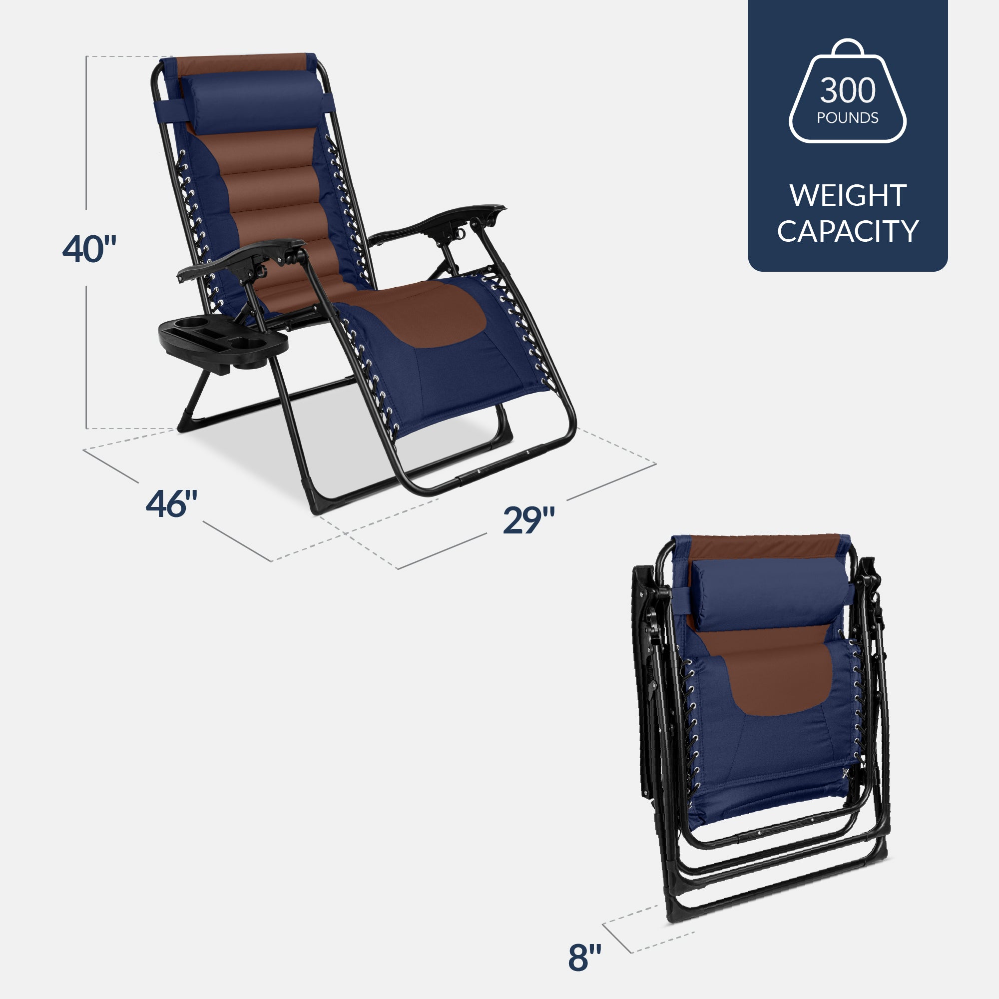 Oversized Padded Zero Gravity Chair, Folding Recliner w/ Headrest, Side Tray