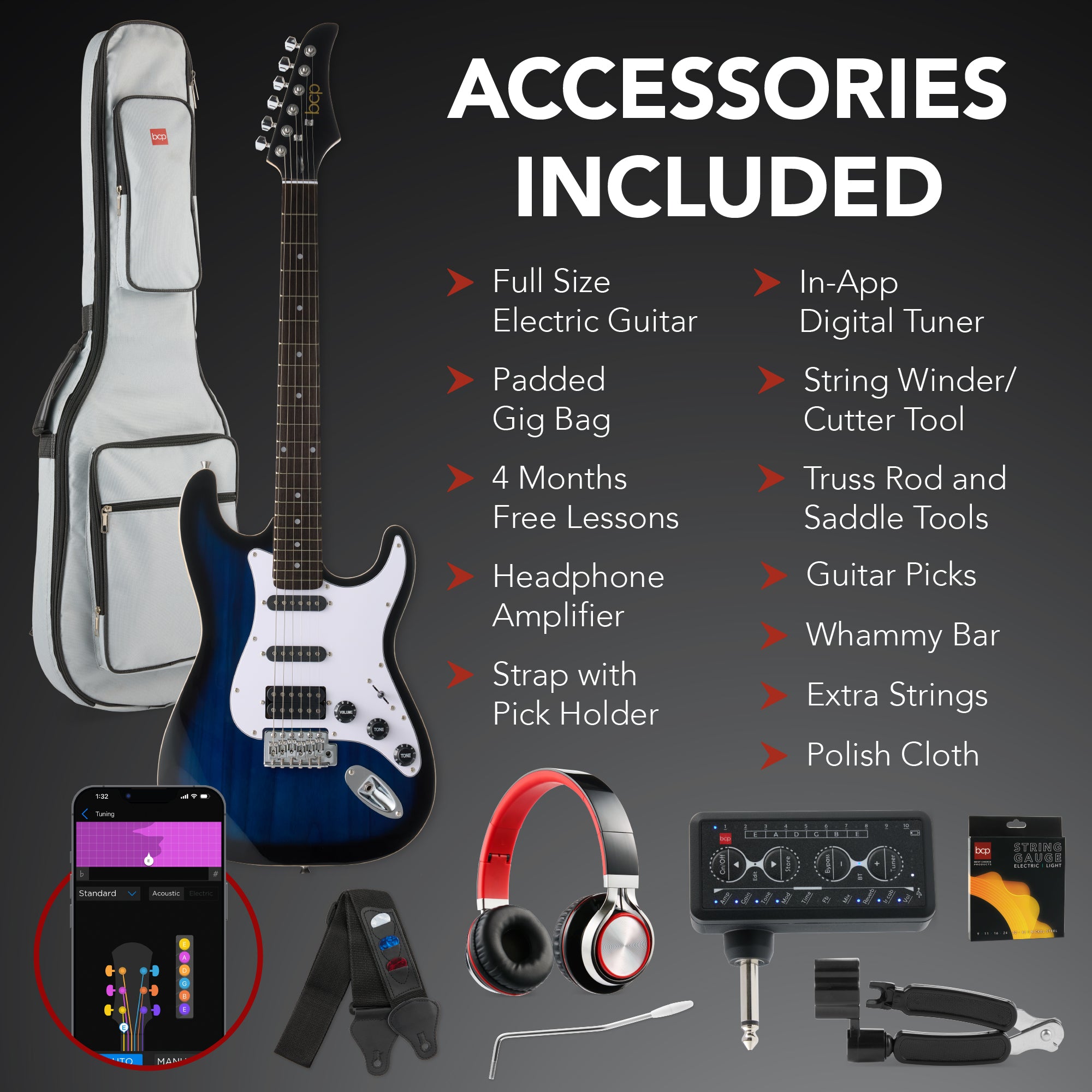 Beginner Electric Guitar Kit w/ Headphone Amp, Padded Gig Bag