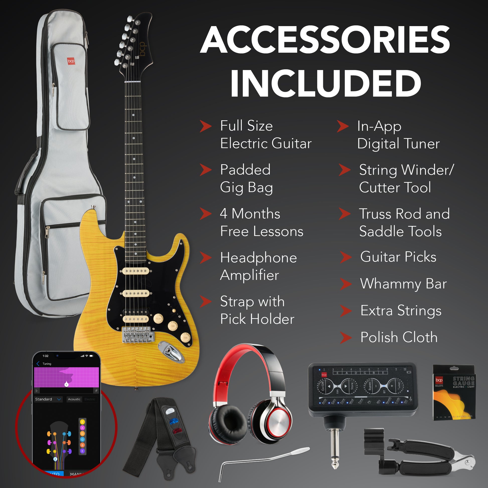 Beginner Electric Guitar Kit w/ Headphone Amp, Padded Gig Bag, Headphones