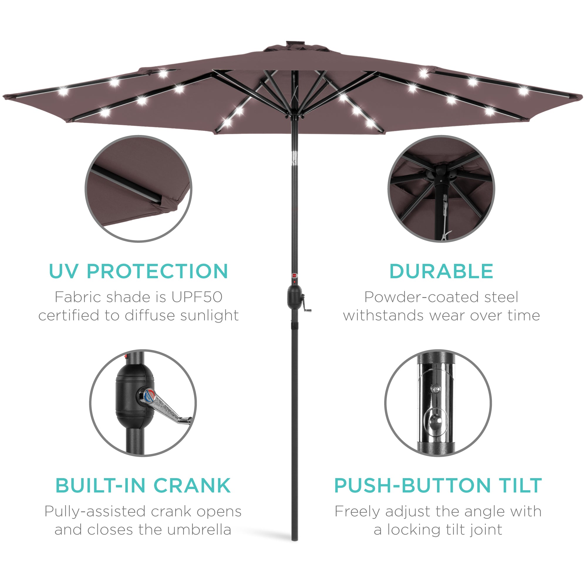 Solar LED Lighted Patio Umbrella w/ Tilt Adjustment, UV-Resistant - 10ft
