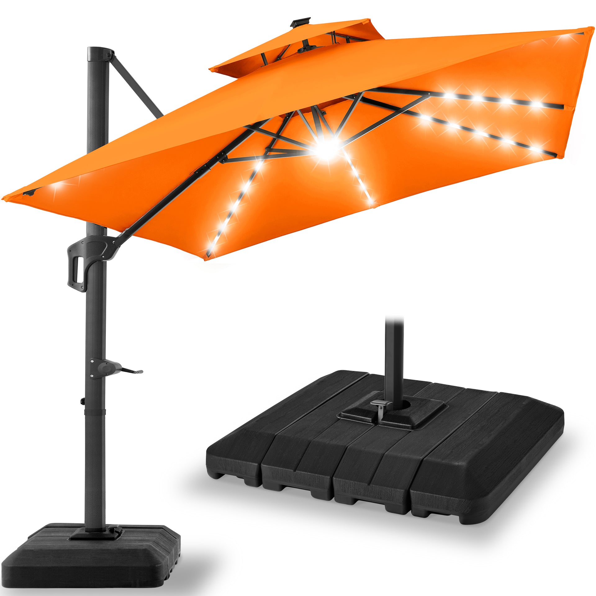 best choice products 15 twin patio umbrella canopy sky2837 2-Tier Square LED Cantilever Offset Umbrella w/ 360 Rotation, Base -  10x10ft