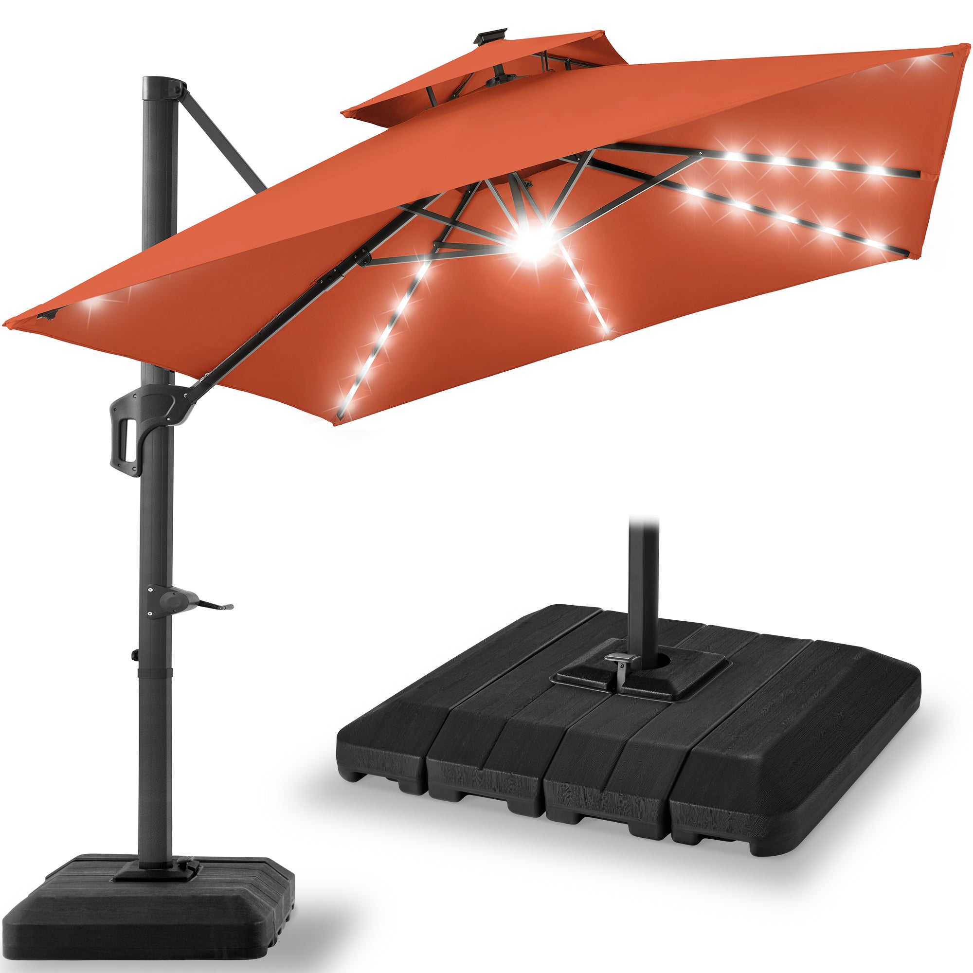 2-Tier Square LED Cantilever Offset Umbrella w/ 360 Rotation, Base