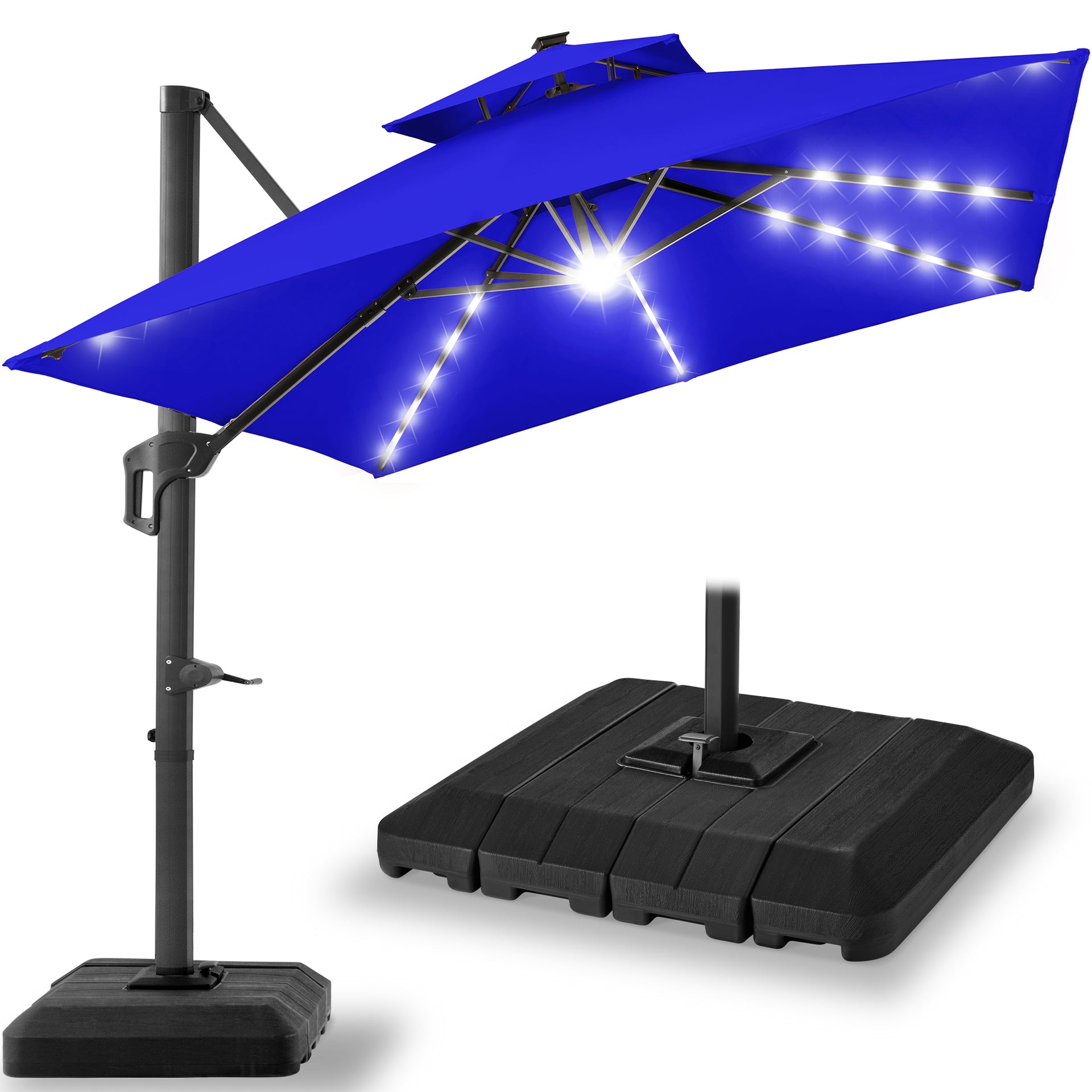 2-Tier Square LED Cantilever Offset Umbrella w/ 360 Rotation, Base