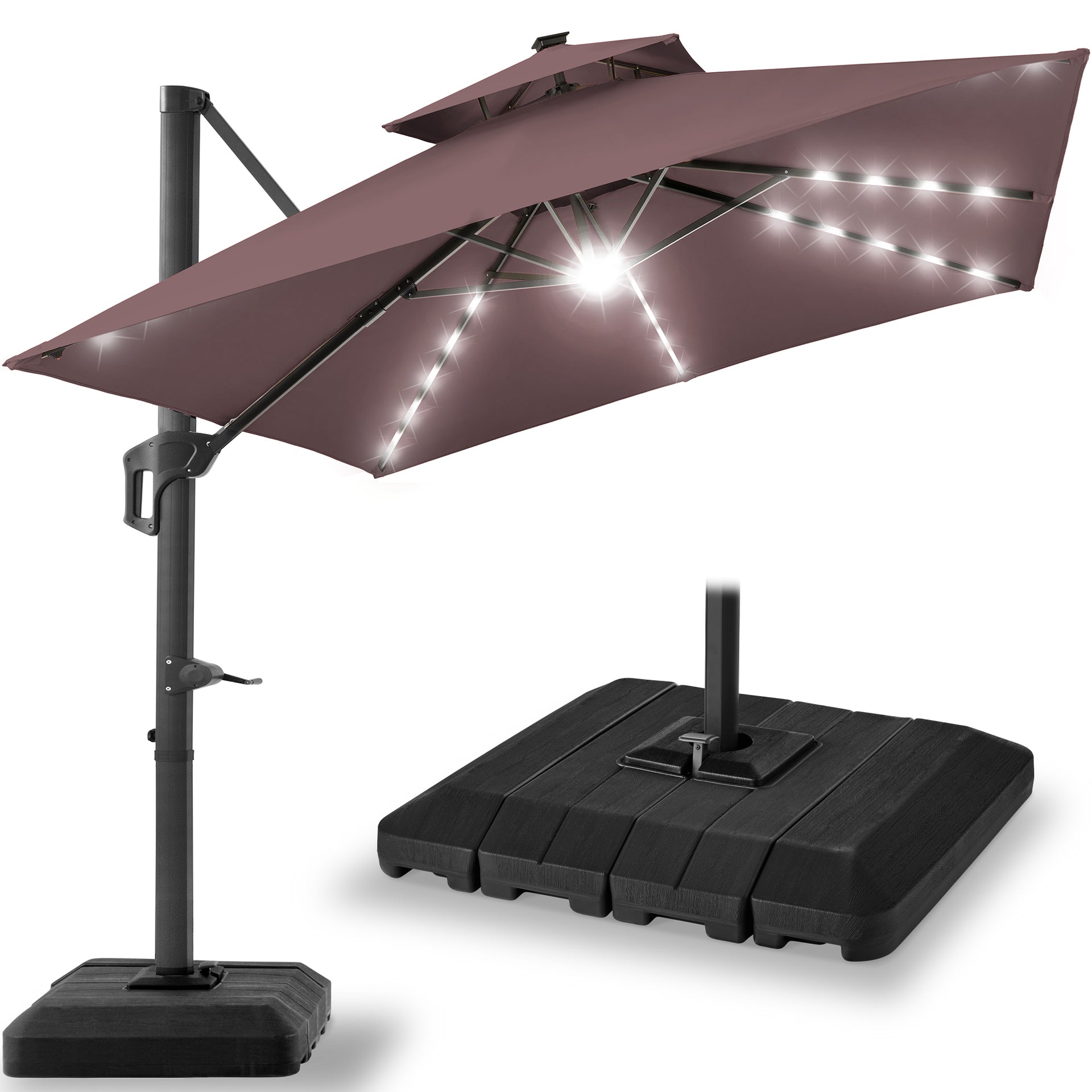2-Tier Square LED Cantilever Offset Umbrella w/ 360 Rotation, Base 2-Tier Square LED Cantilever Offset Umbrella w/ 360 Rotation, Base