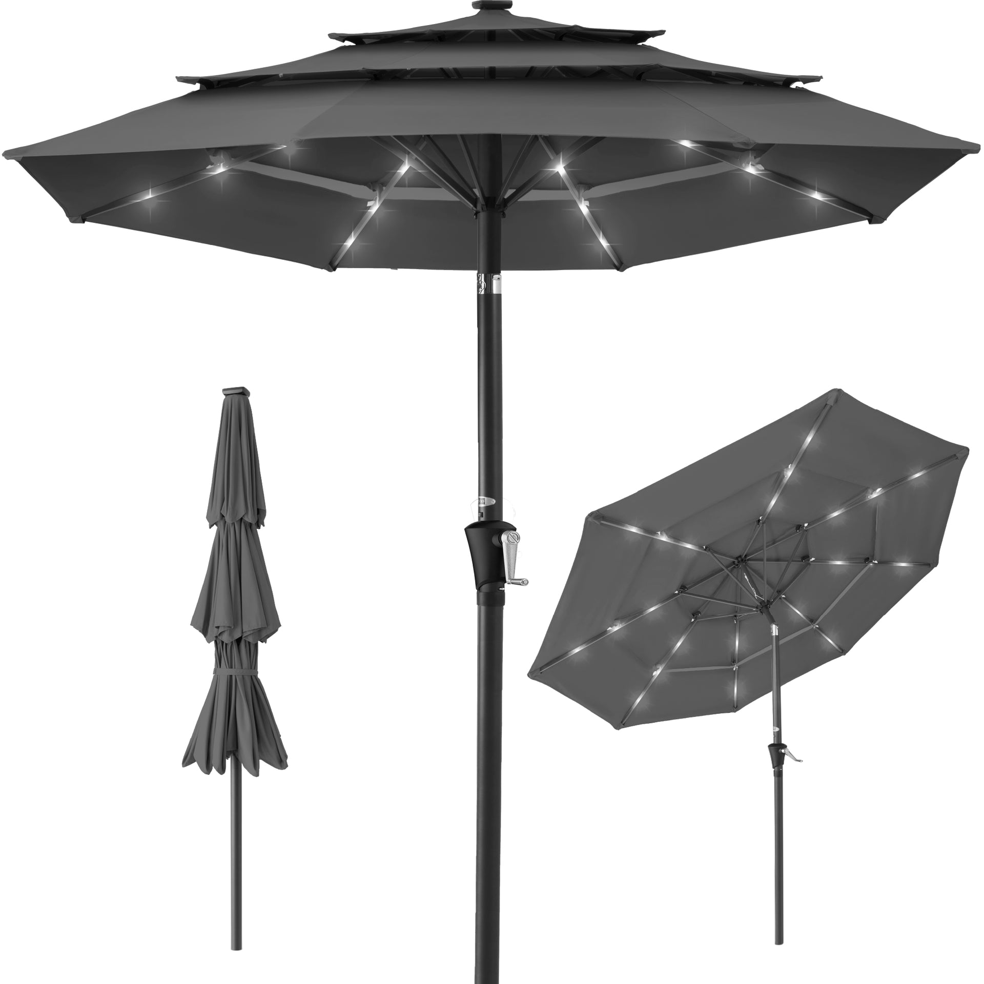 3-Tier Solar Patio Umbrella w/ LED Lights, Tilt Adjustment, Crank
