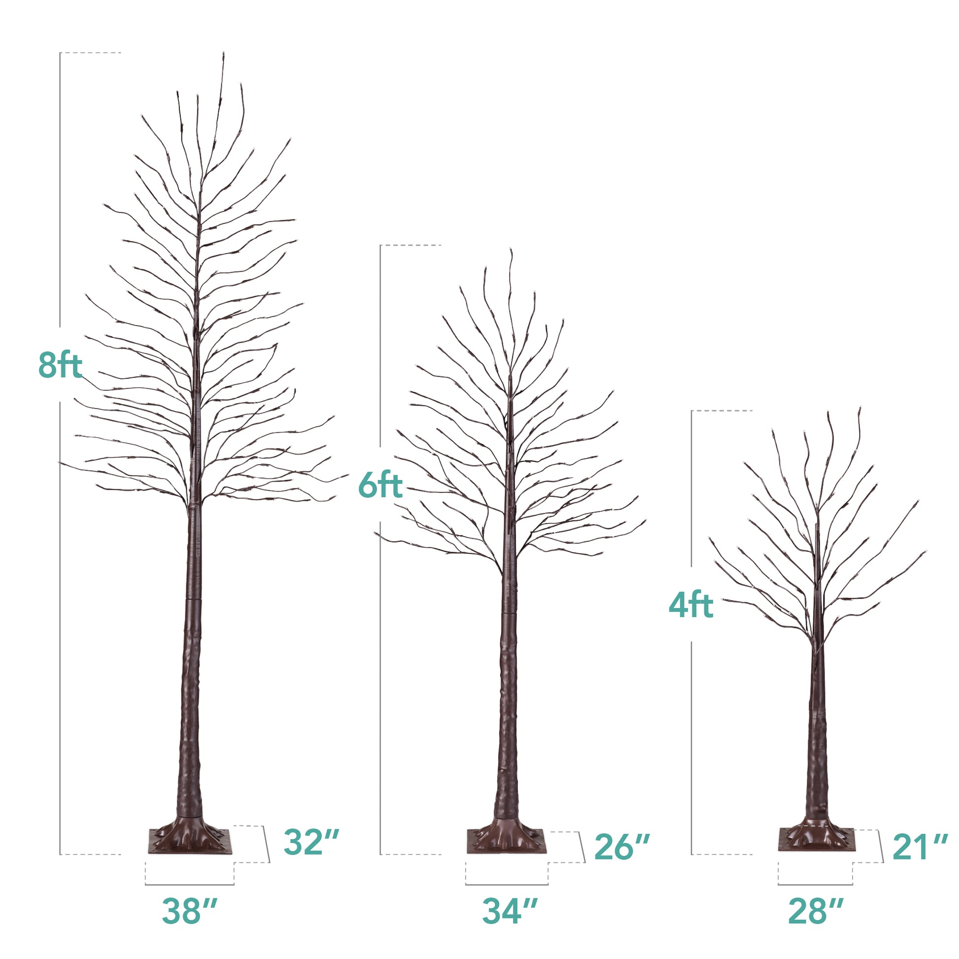 Set of 3 Lighted Twig Birch Trees, 4ft, 6ft, 8ft w/ 300 2-in-1 LEDs