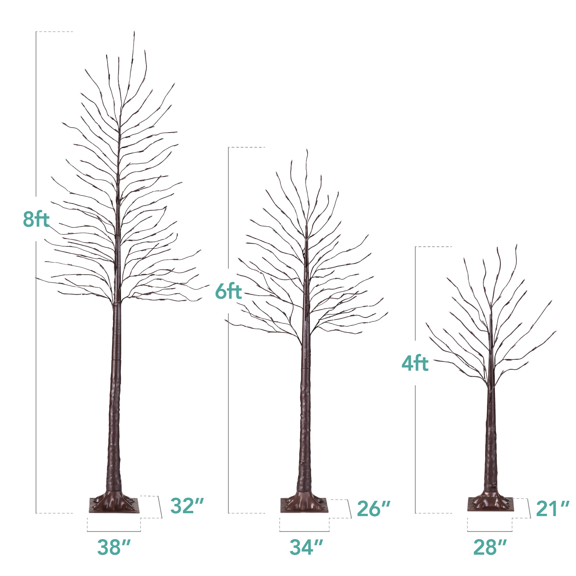 Set of 3 Lighted Twig Birch Trees, 4ft, 6ft, 8ft w/ 300 2-in-1 LEDs