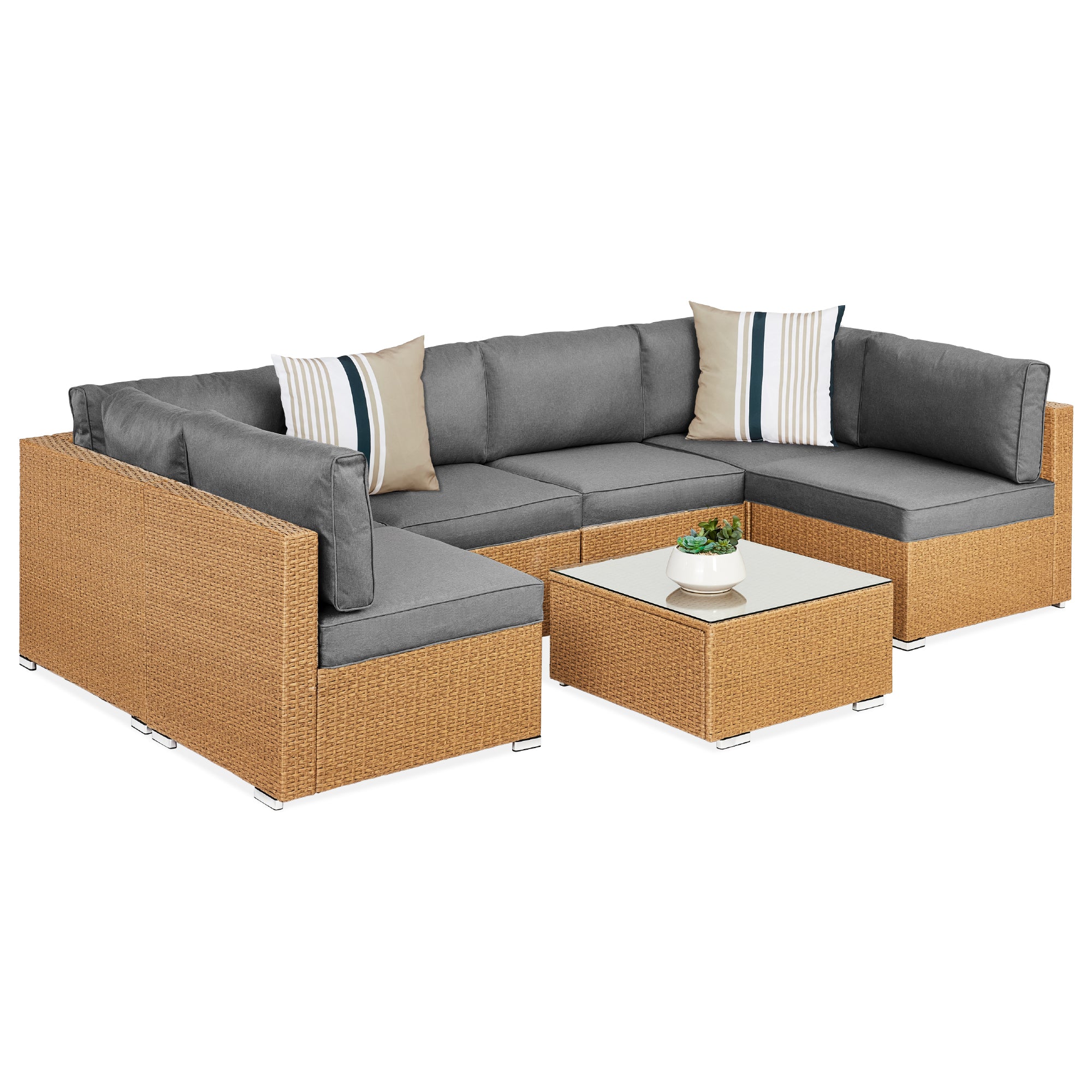 7-Piece Modular Wicker Sectional Conversation Set w/ 2 Pillows, Cover
