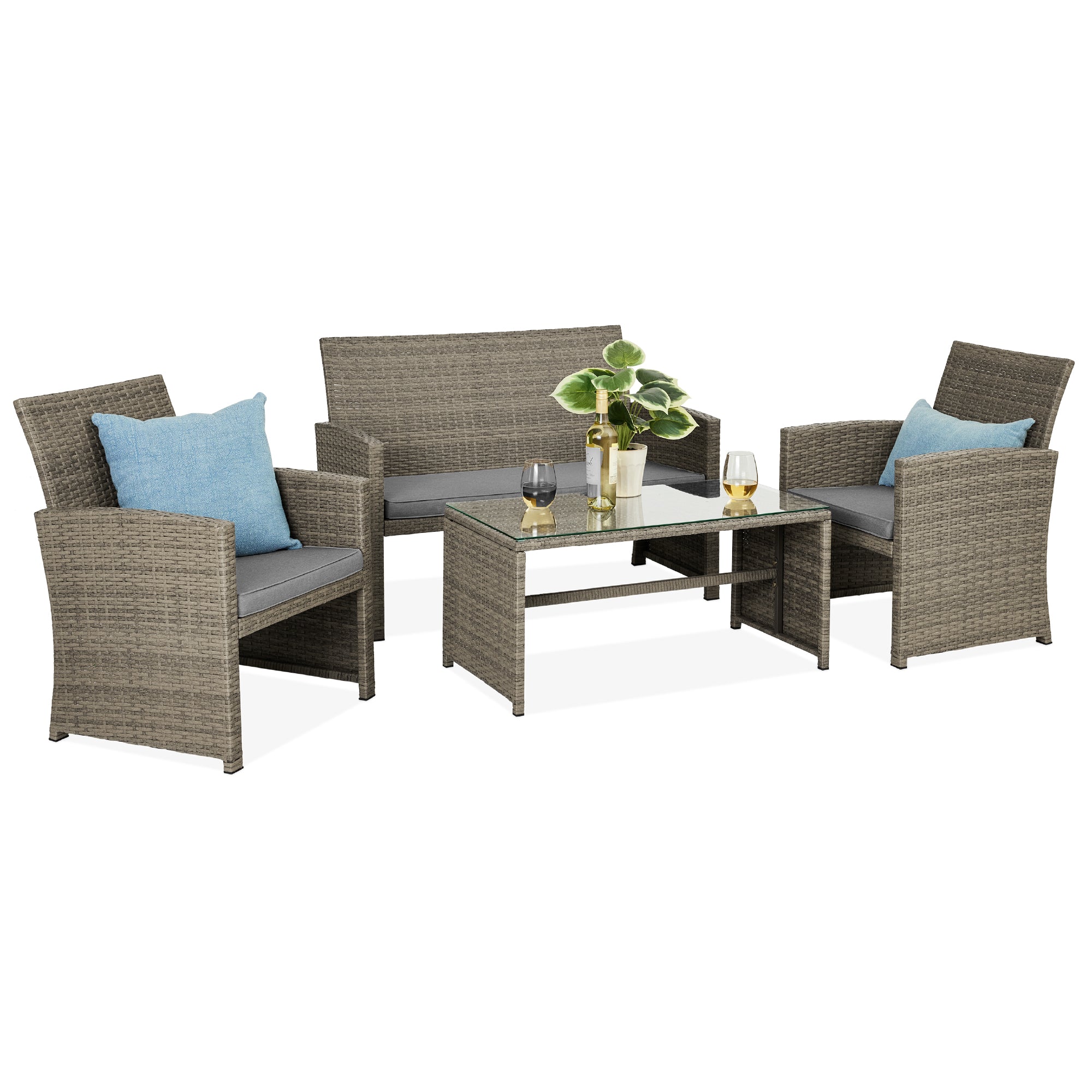 4-Piece Outdoor Wicker Conversation Patio Set w/ 4 Seats, Glass Table Top