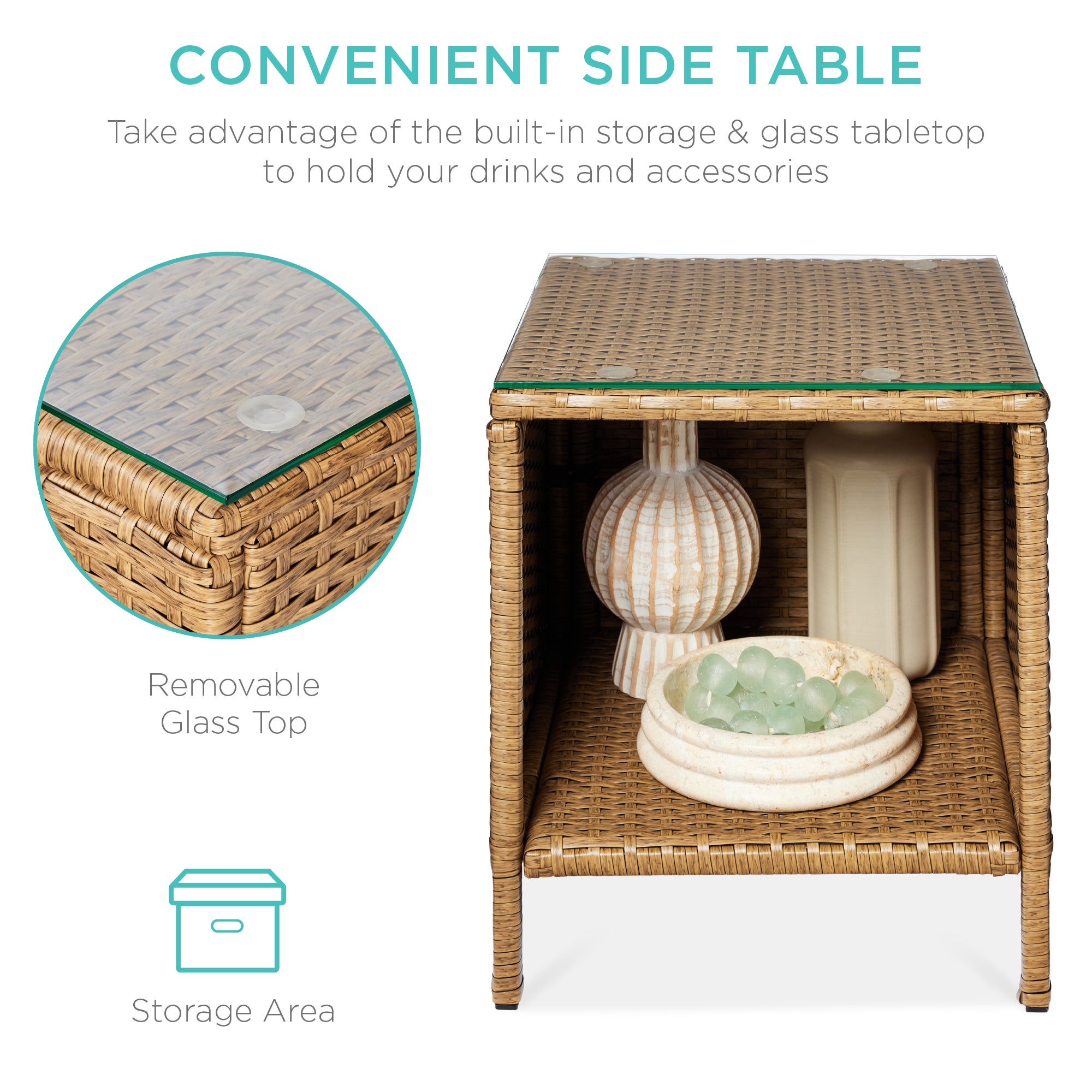 3-Piece Outdoor Patio Wicker Bistro Set w/ Side Storage Table