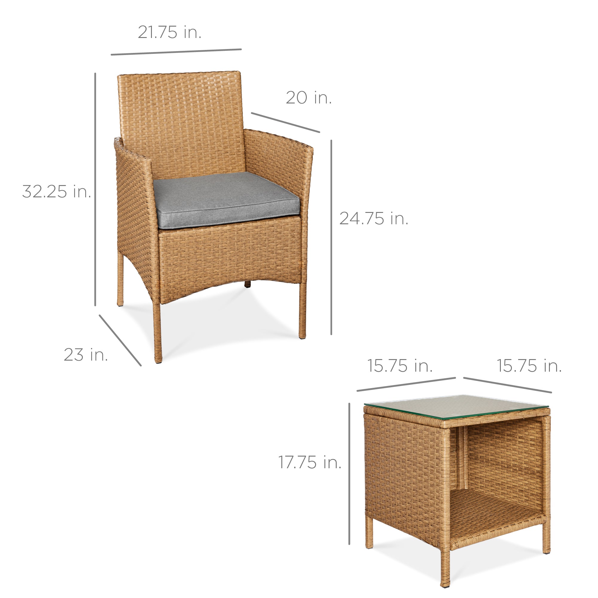 3-Piece Outdoor Patio Wicker Bistro Set w/ Side Storage Table