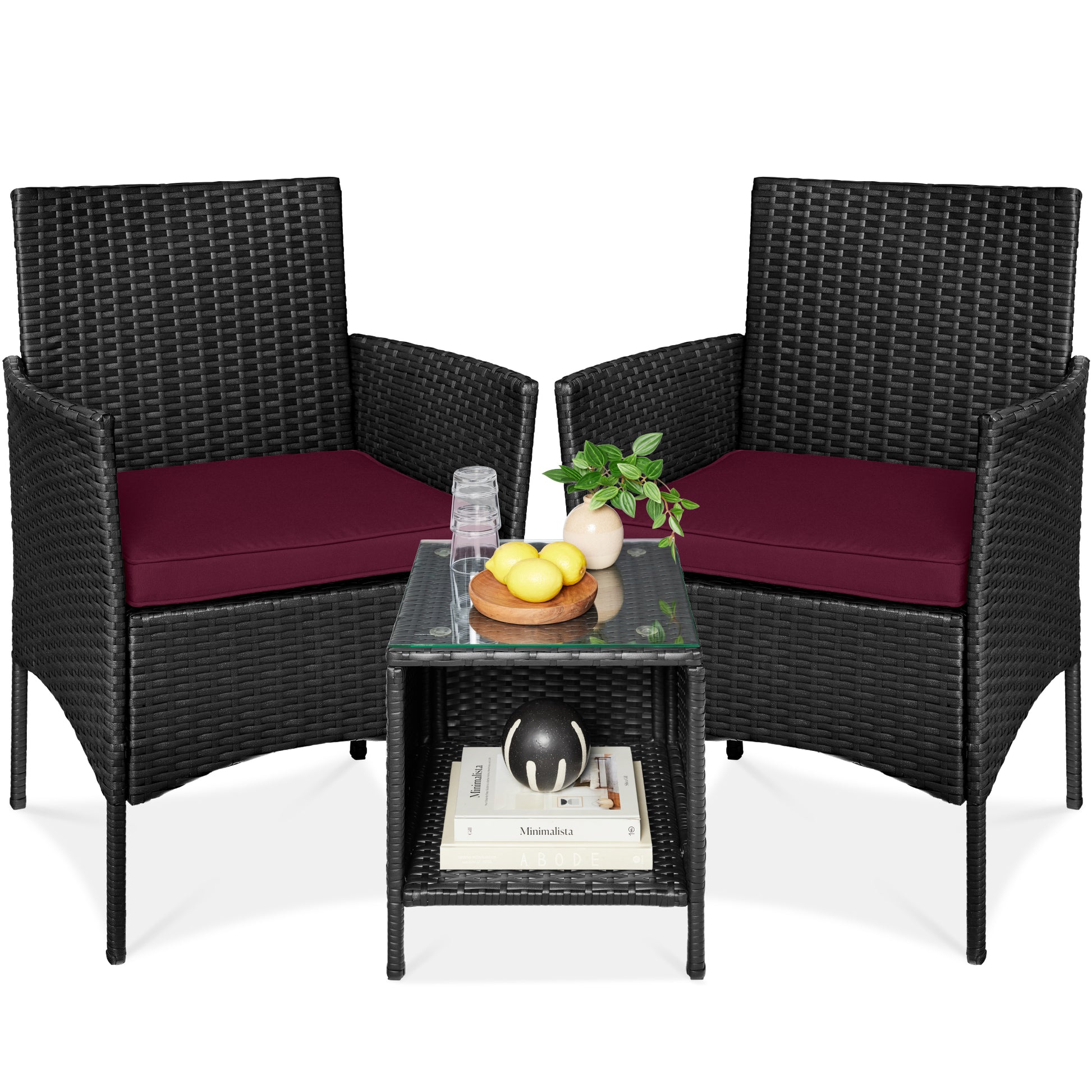 3-Piece Outdoor Patio Wicker Bistro Set w/ Side Storage Table