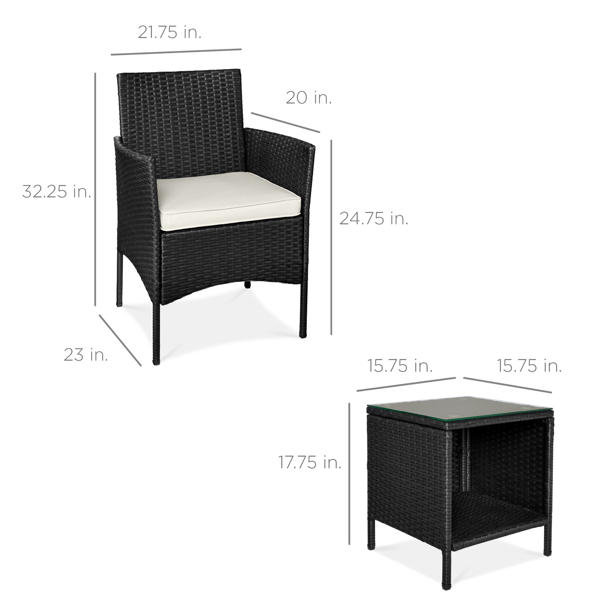 3-Piece Outdoor Patio Wicker Bistro Set w/ Side Storage Table