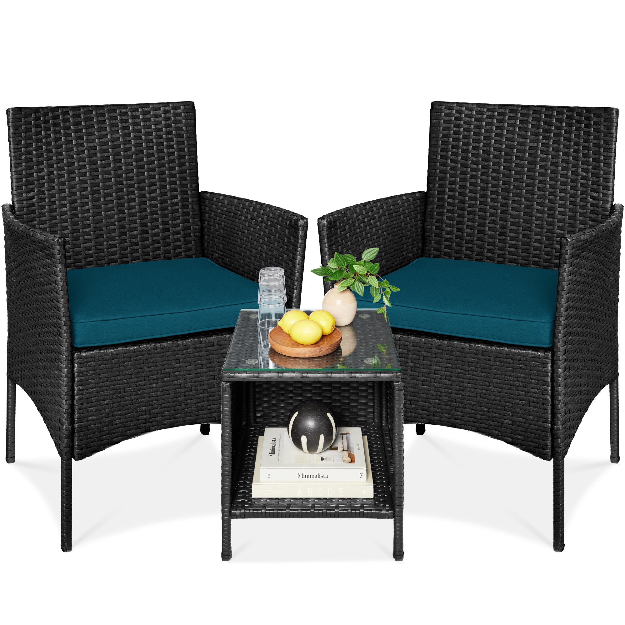 3-Piece Outdoor Patio Wicker Bistro Set w/ Side Storage Table